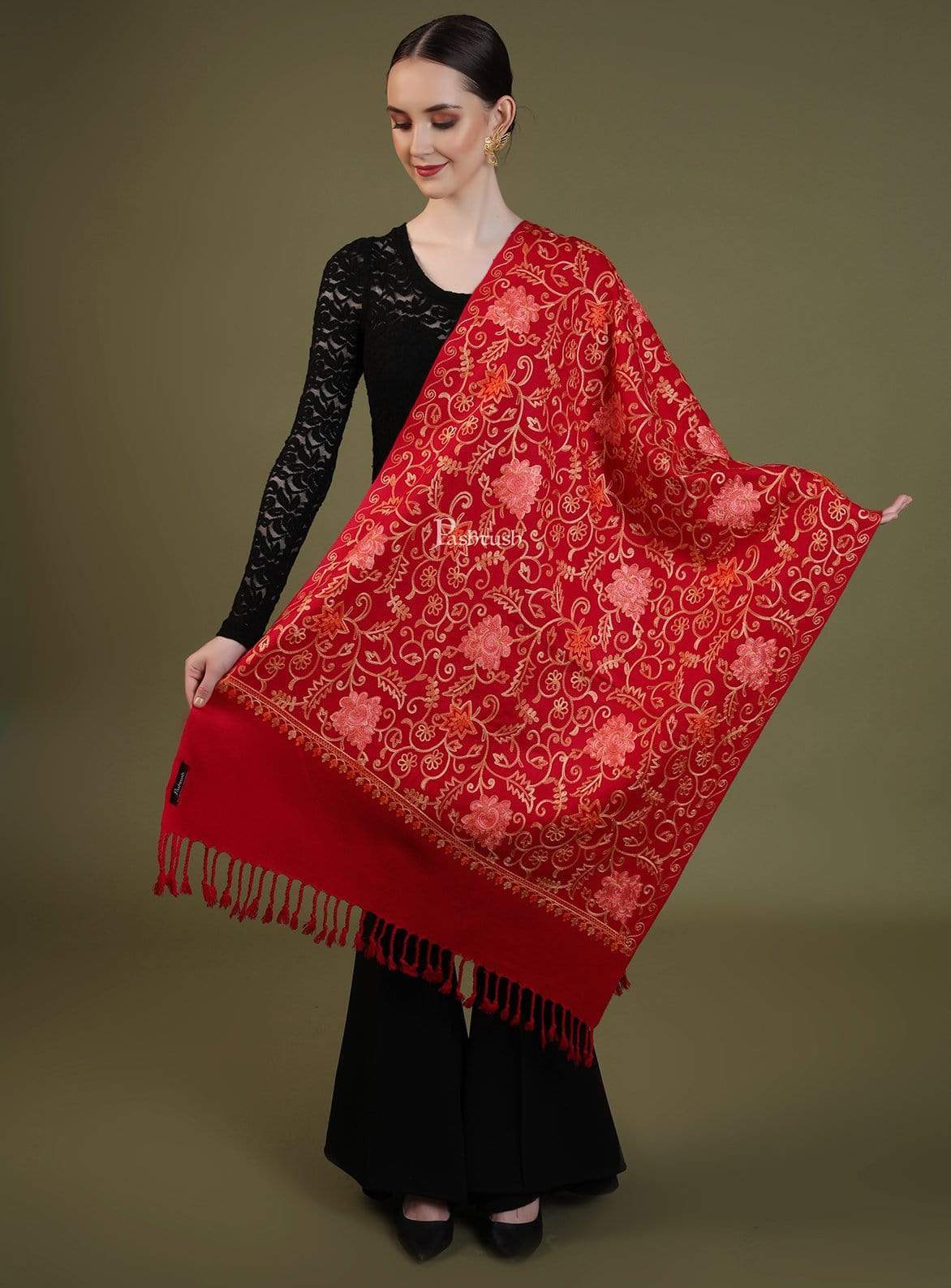 Pashtush India 70x200 Pashtush Womens Kashmiri Aari Embroidery, Woollen Stole