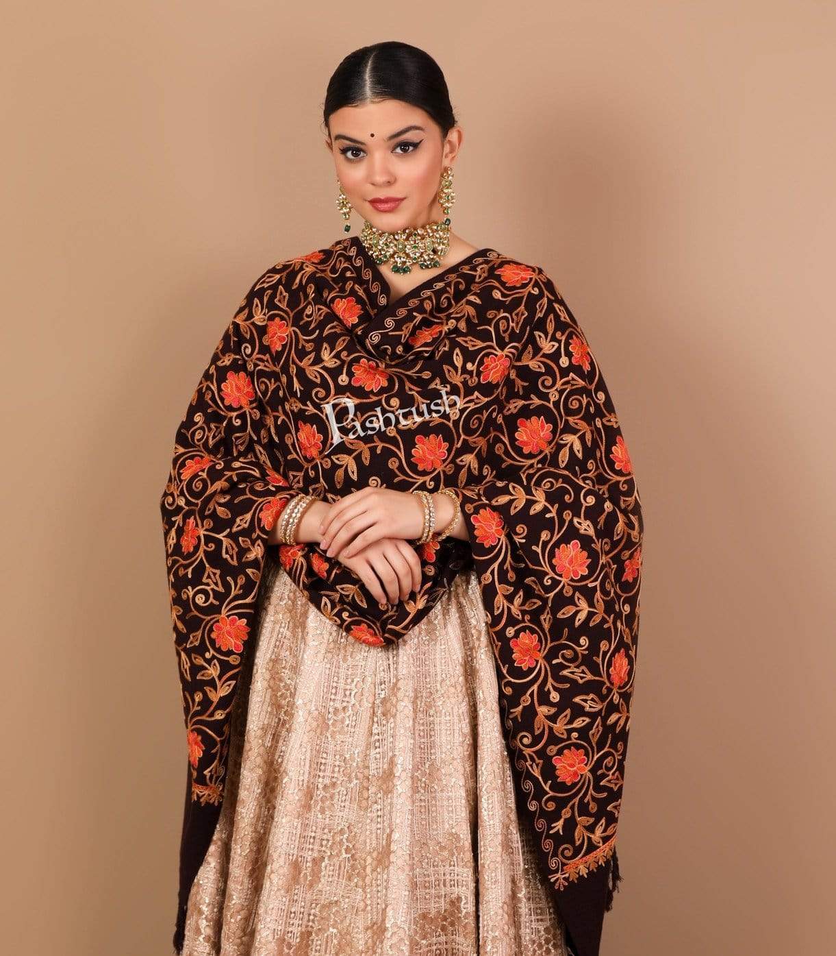 Pashtush India 70x200 Pashtush Womens Kashmiri Aari Embroidery, Woollen Stole