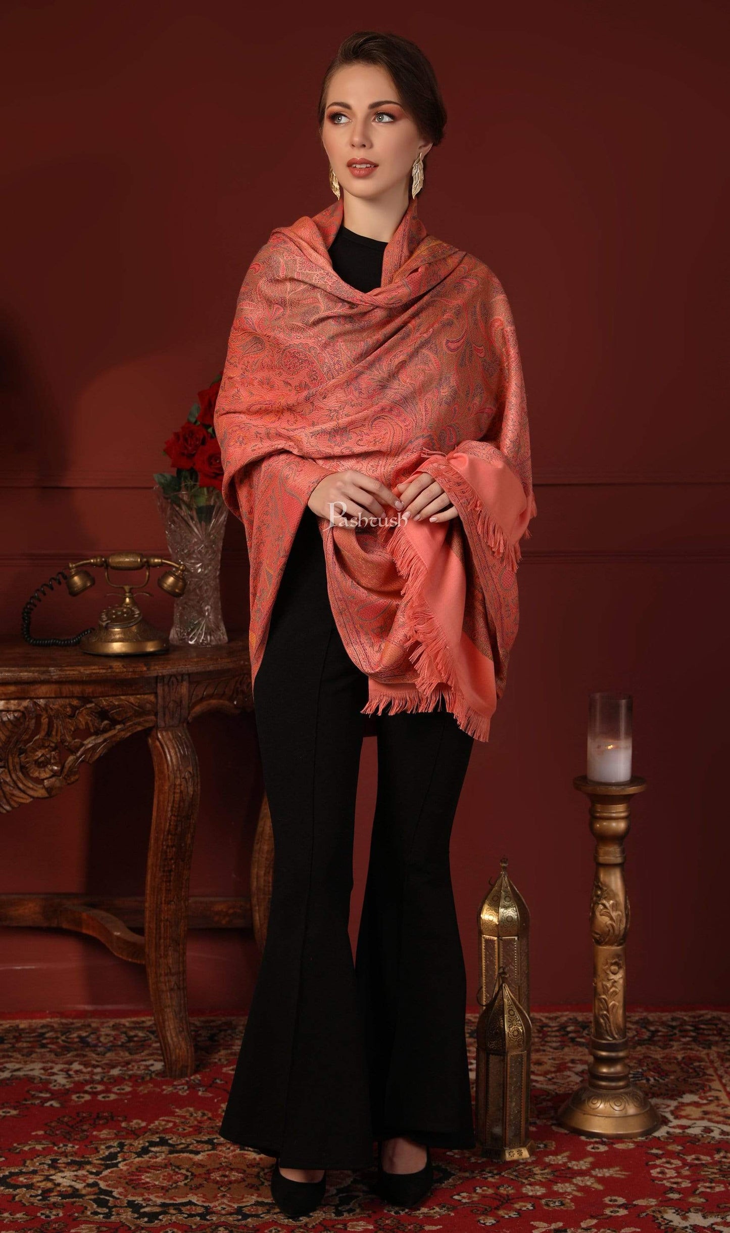 Pashtush India 100x200 Pashtush Womens Kashmiri Design Jamawar Shawl, Soft and Warm, Peach