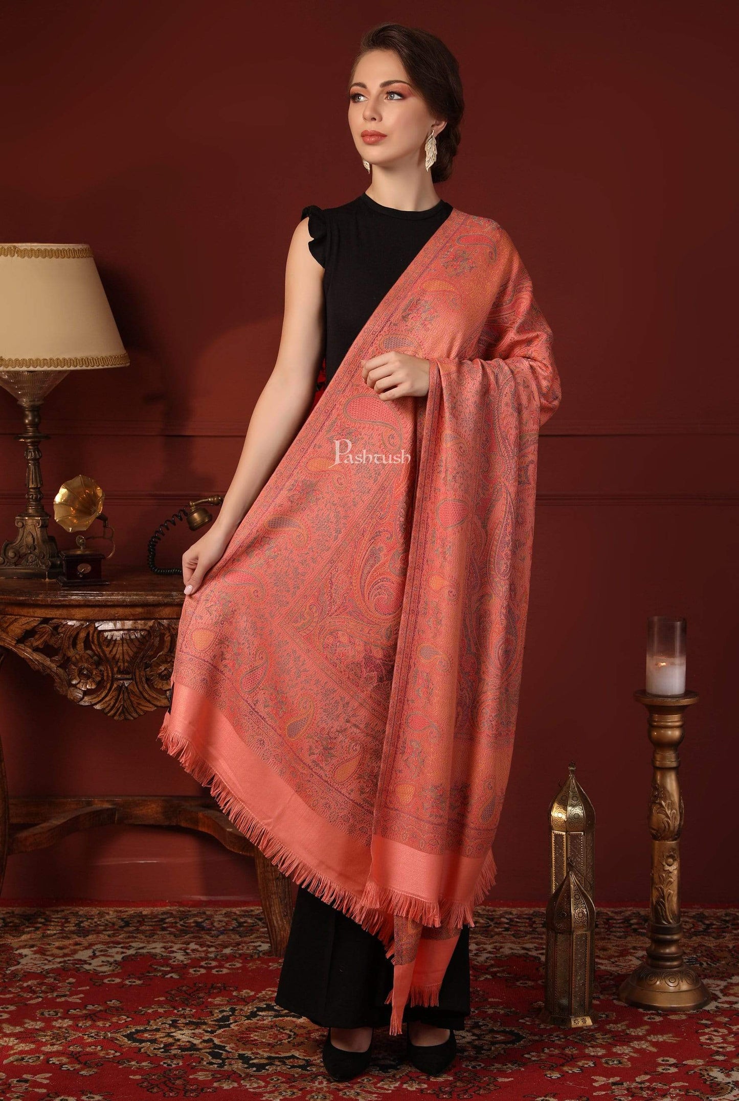 Pashtush India 100x200 Pashtush Womens Kashmiri Design Jamawar Shawl, Soft and Warm, Peach