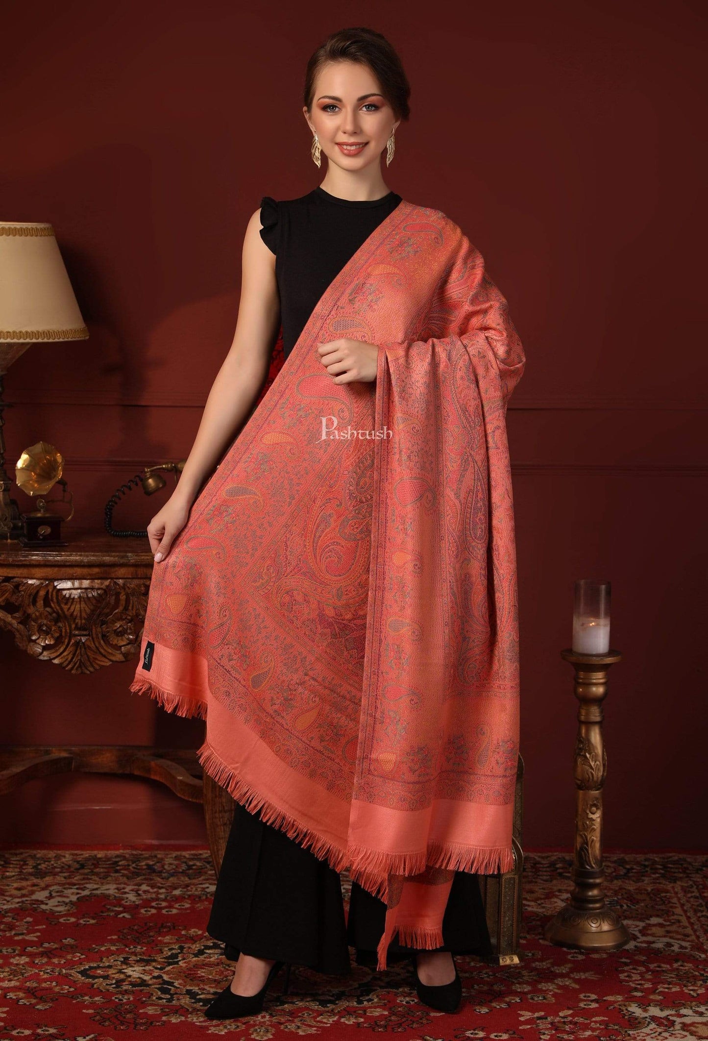 Pashtush India 100x200 Pashtush Womens Kashmiri Design Jamawar Shawl, Soft and Warm, Peach