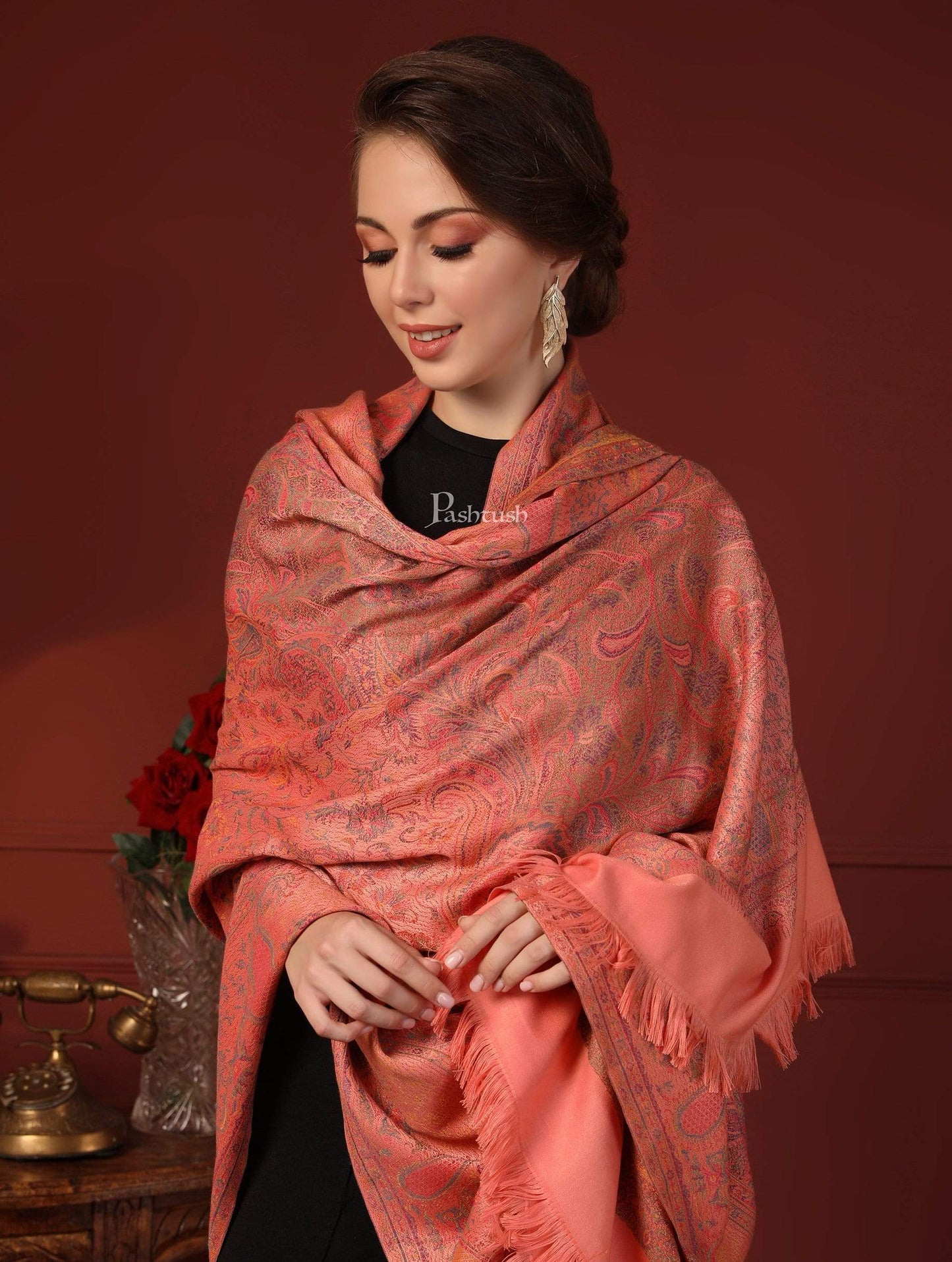 Pashtush India 100x200 Pashtush Womens Kashmiri Design Jamawar Shawl, Soft and Warm, Peach