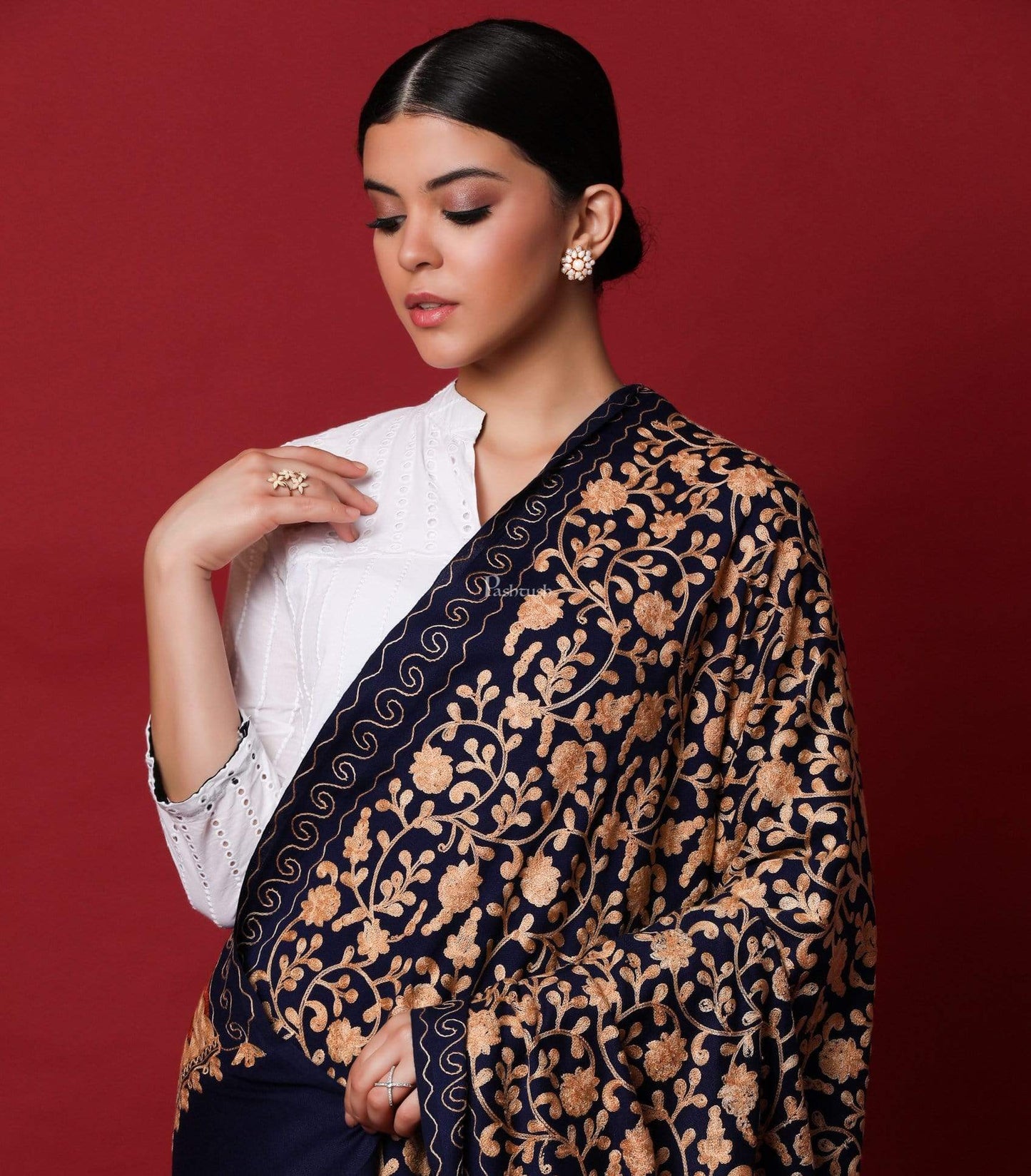 Pashtush Store Shawl Pashtush Womens Kashmiri Embroidery Shawl, Aari Embroidery, Black