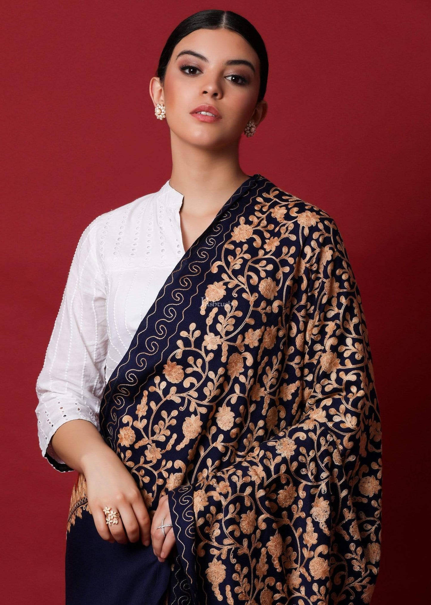 Pashtush Store Shawl Pashtush Womens Kashmiri Embroidery Shawl, Aari Embroidery, Black