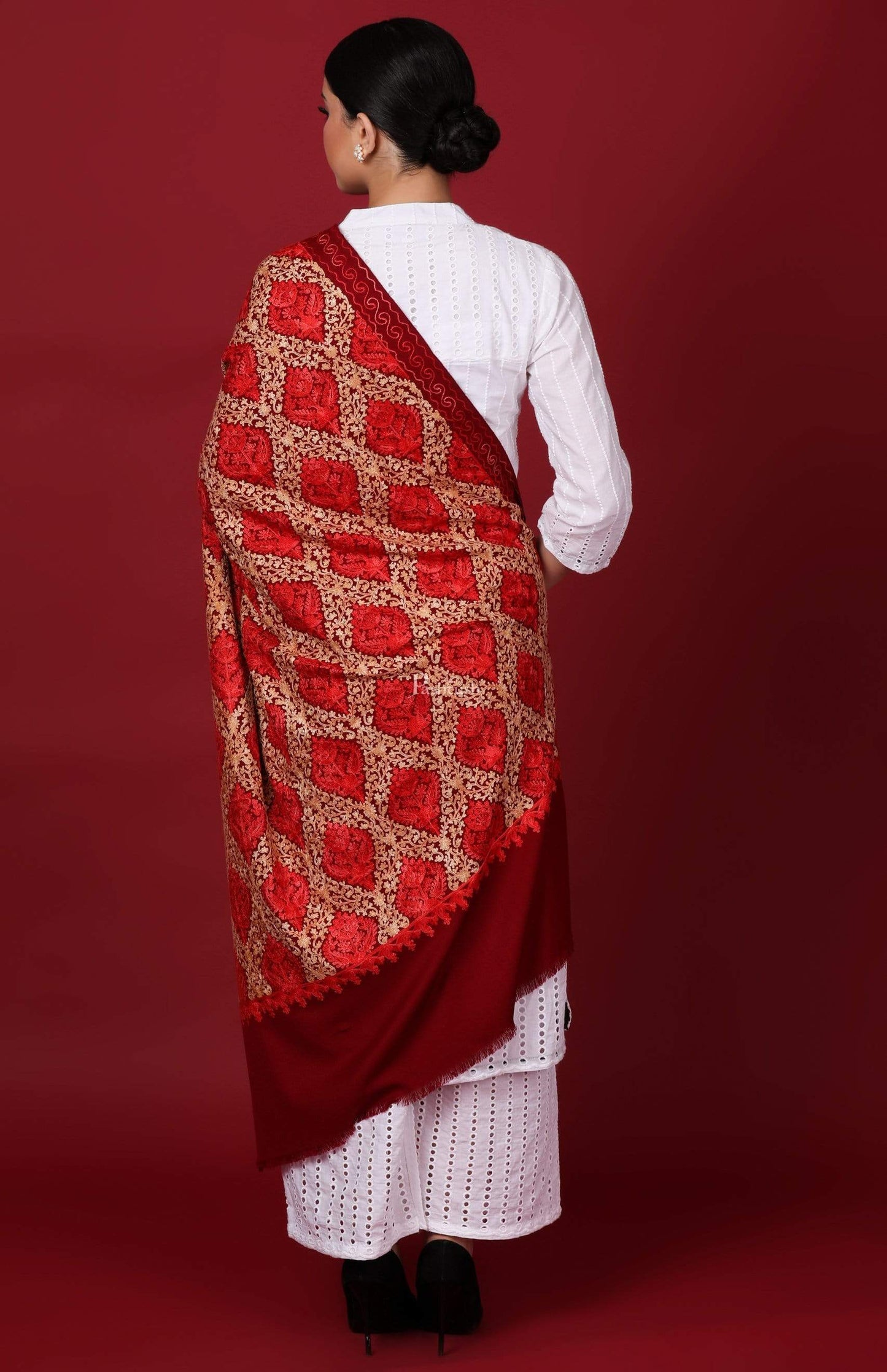 Pashtush India 70x200 Pashtush Womens Kashmiri Embroidery Shawl, Aari Embroidery, Maroon