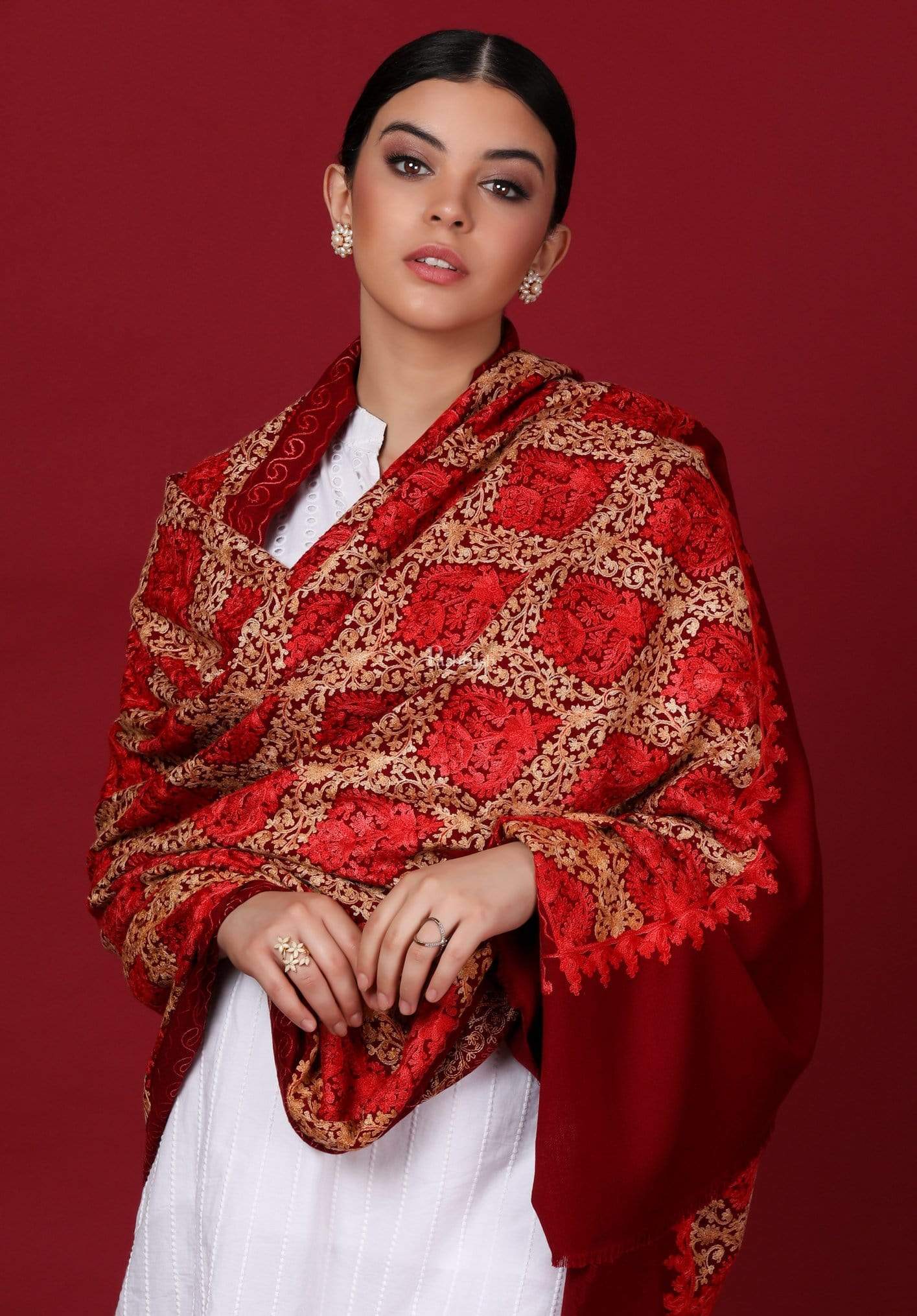 Pashtush India 70x200 Pashtush Womens Kashmiri Embroidery Shawl, Aari Embroidery, Maroon