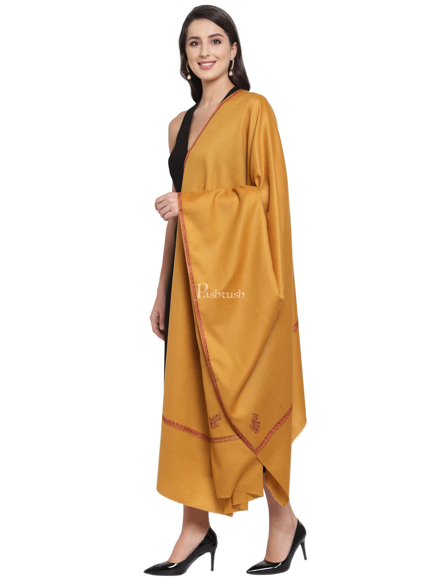 Pashtush India Womens Shawls Pashtush Womens Kashmiri Hand Embroidered Shawl, Mustard
