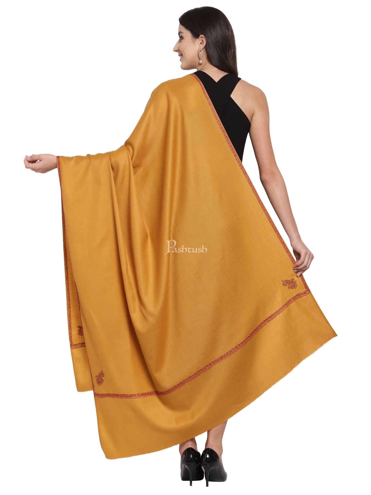 Pashtush India Womens Shawls Pashtush Womens Kashmiri Hand Embroidered Shawl, Mustard