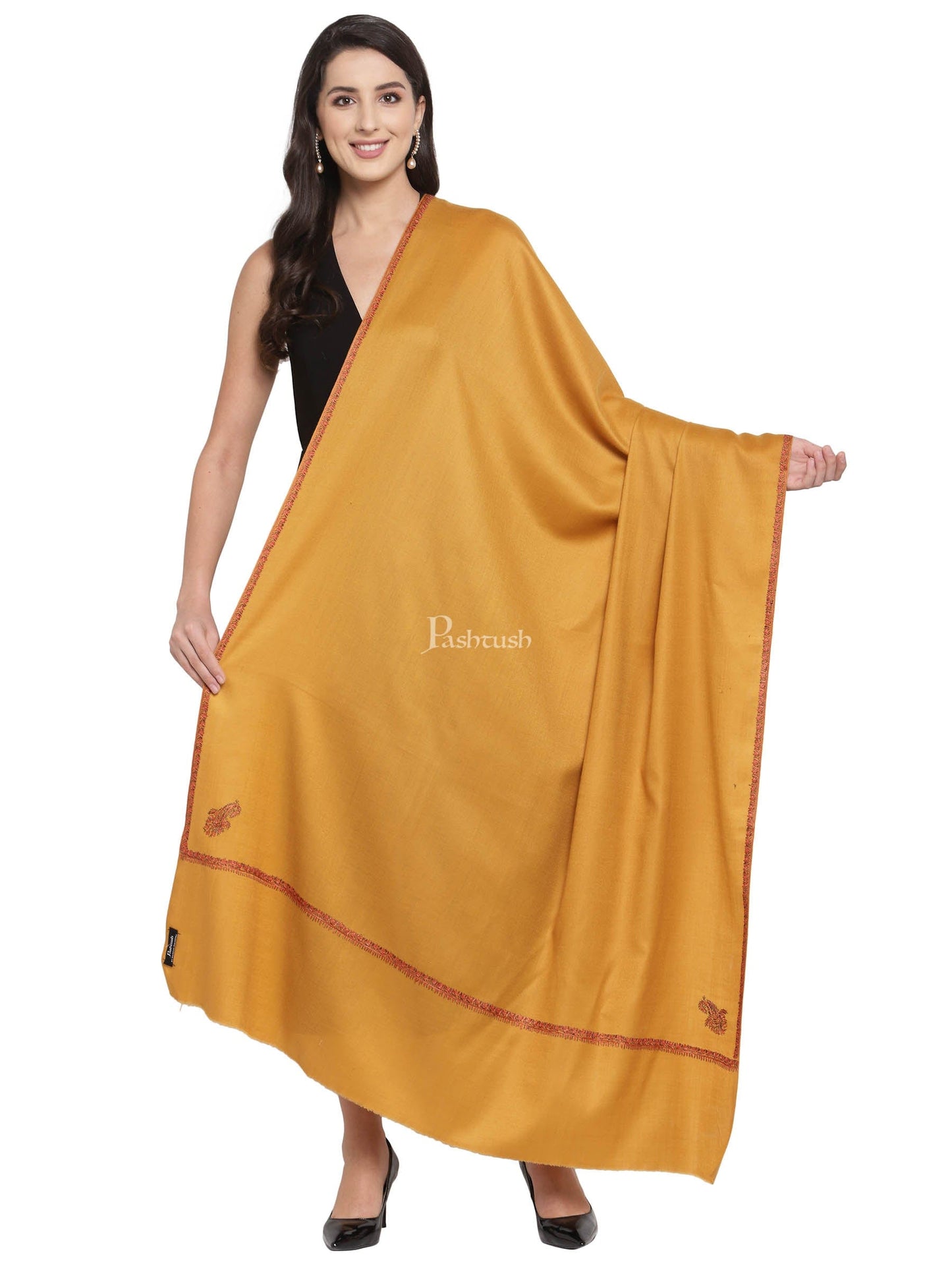 Pashtush India Womens Shawls Pashtush Womens Kashmiri Hand Embroidered Shawl, Mustard