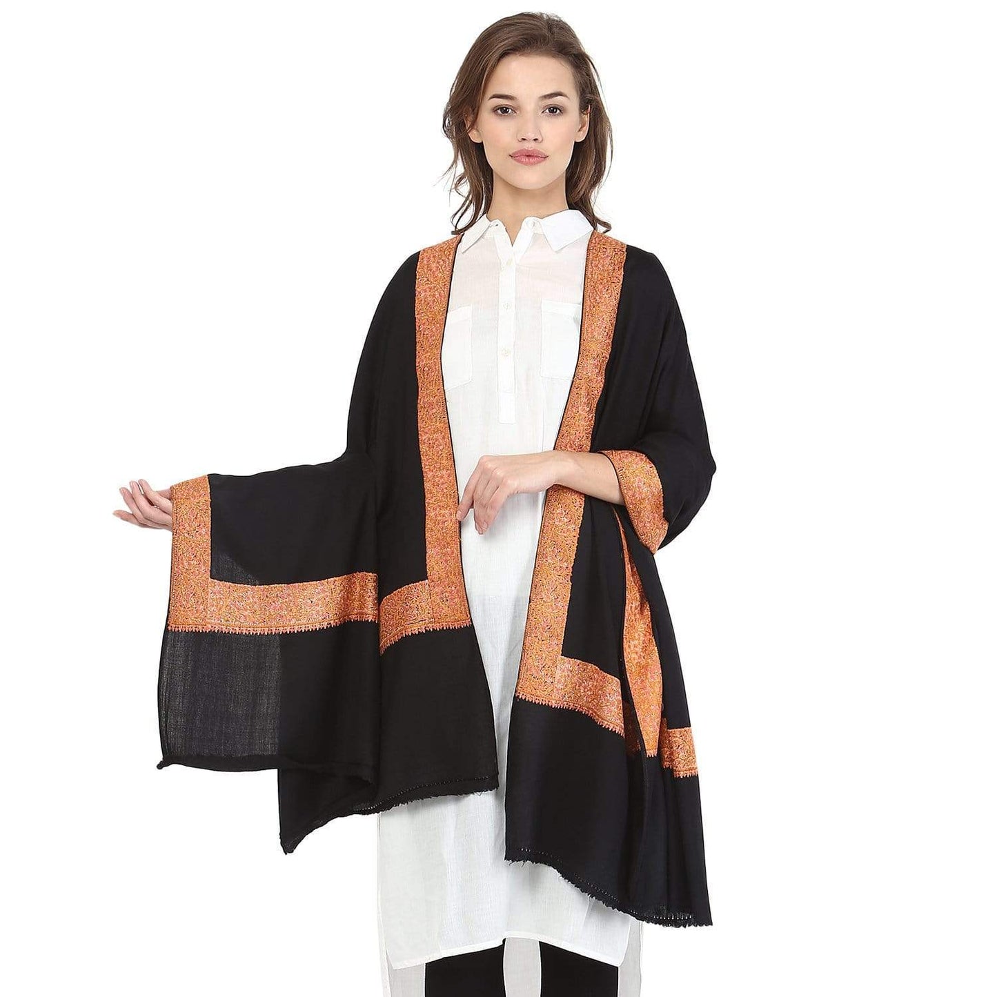 Pashtush India 100x200 Pashtush Womens Kashmiri Hand Embroidery Shawl, 100% Pure Wool Shawls, Black