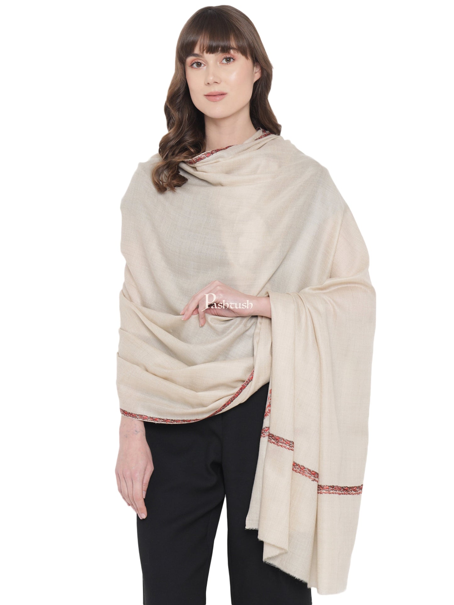 Pashtush India Womens Shawls Pashtush Womens Kashmiri Hand Embroidery Shawl Woollen Kingri Beige