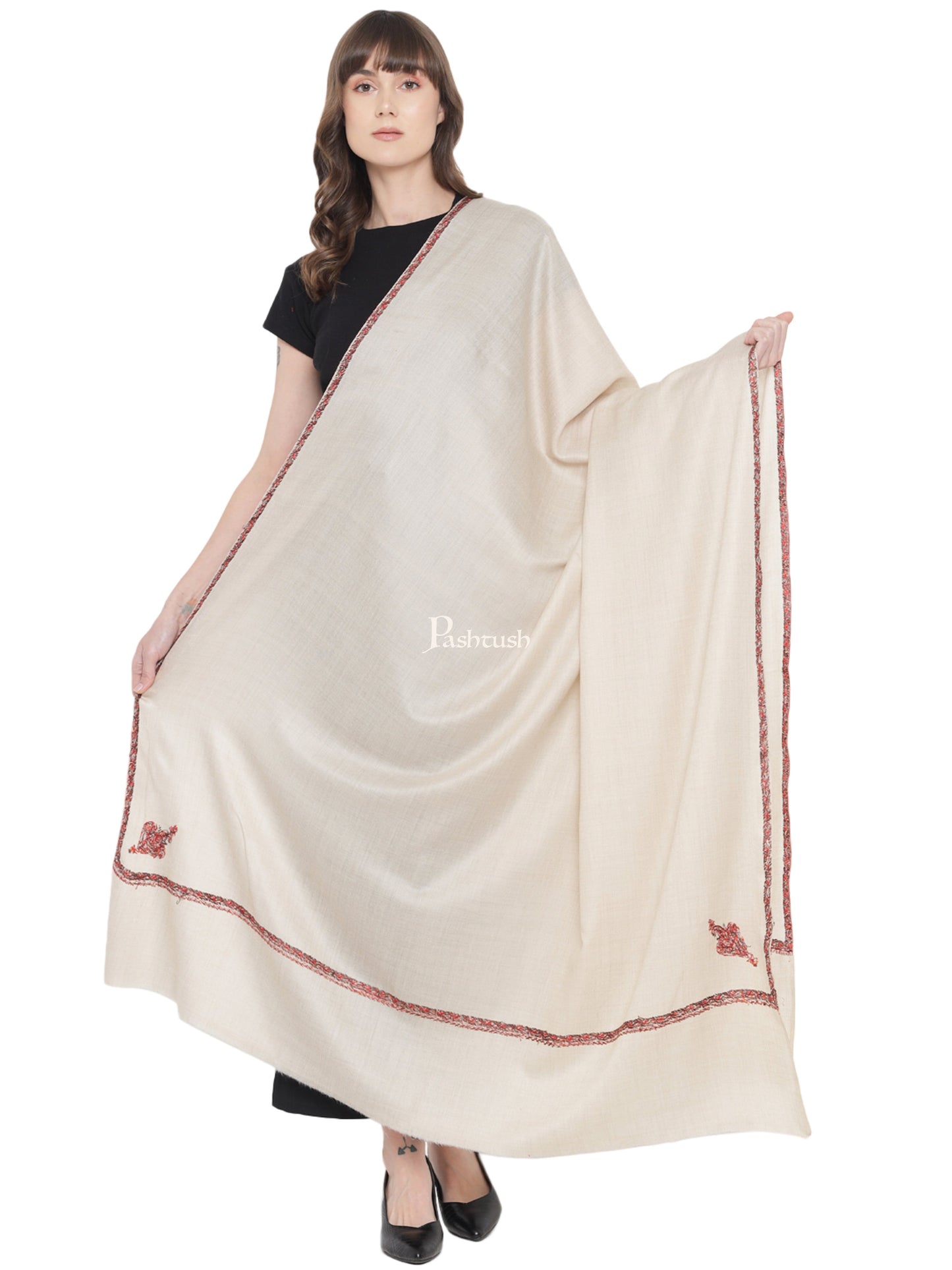 Pashtush India Womens Shawls Pashtush Womens Kashmiri Hand Embroidery Shawl Woollen Kingri Beige