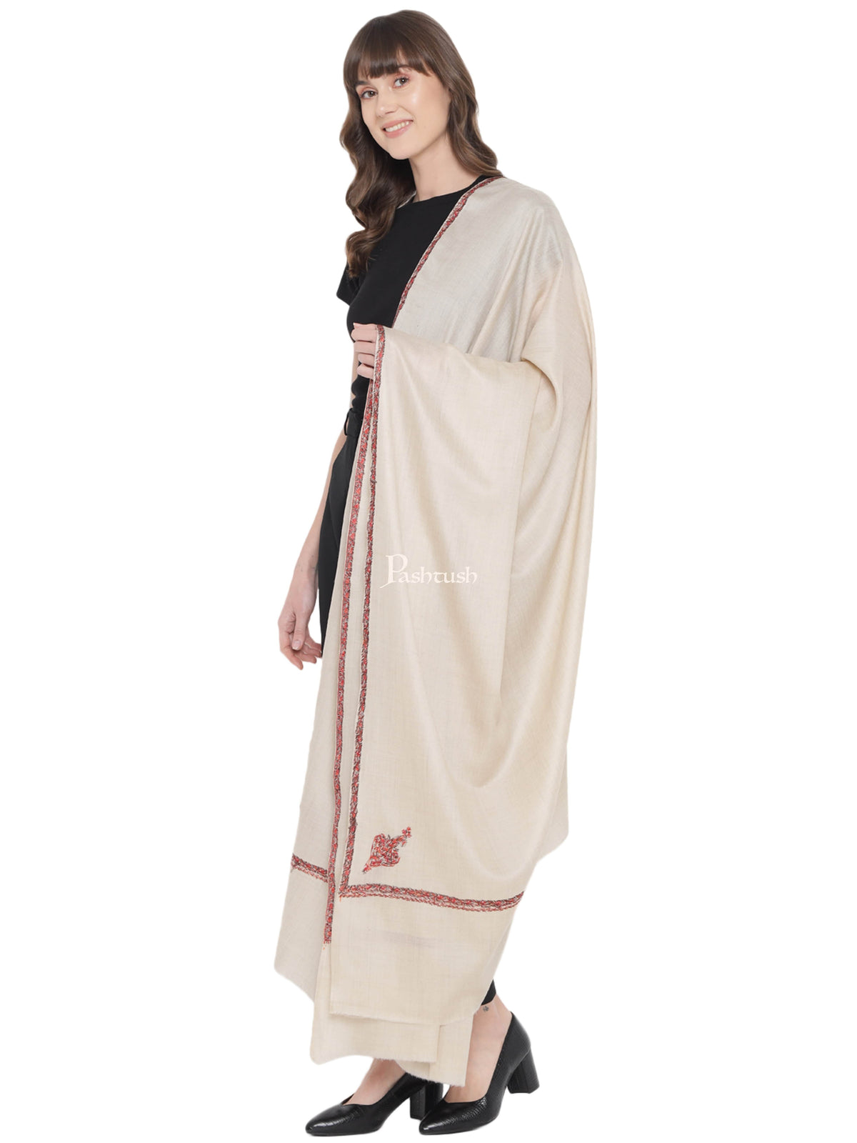 Pashtush India Womens Shawls Pashtush Womens Kashmiri Hand Embroidery Shawl Woollen Kingri Beige