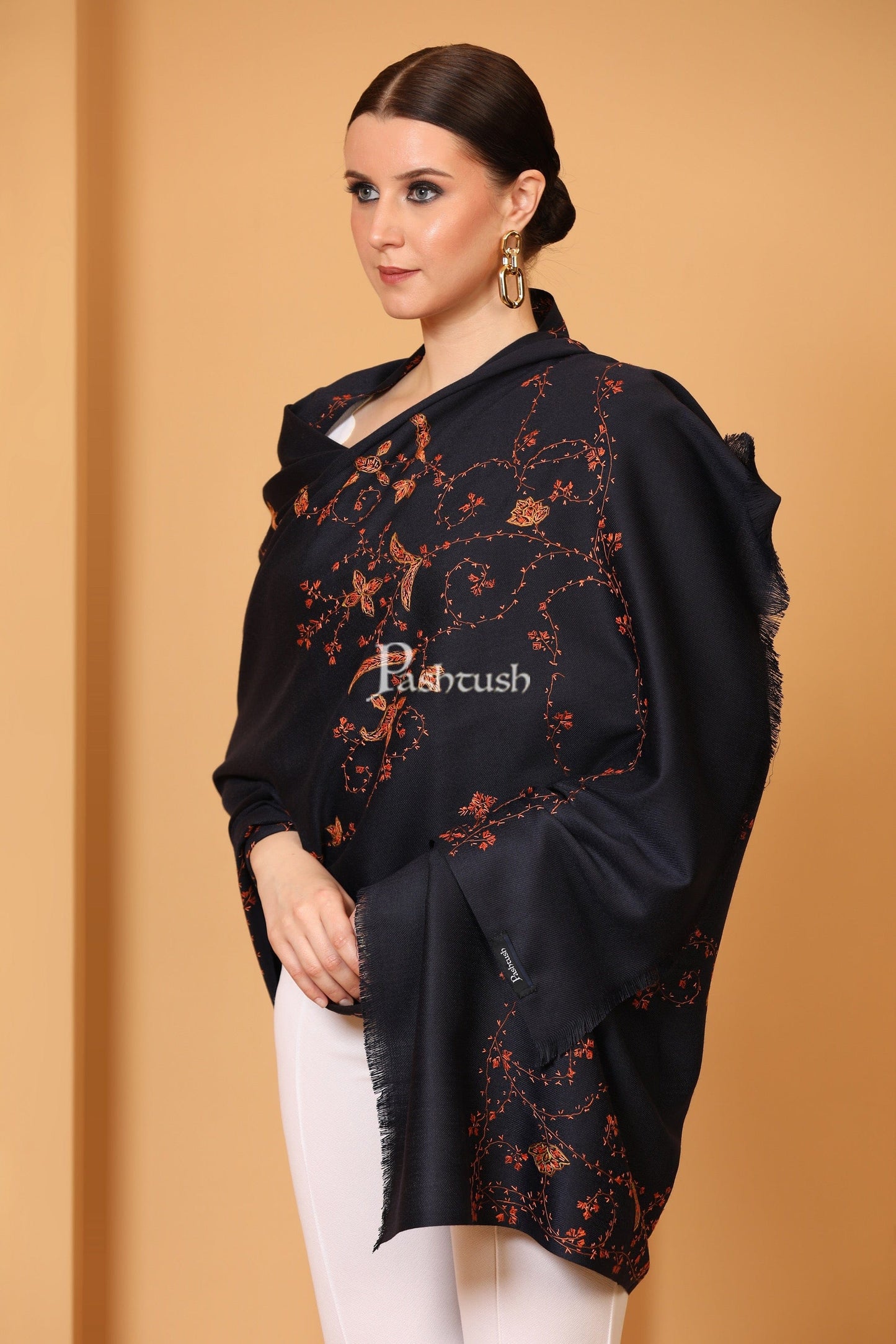 Pashtush India Womens Shawls Pashtush Womens Kashmiri Hand Embroidery Shawl, Woollen, Navy Blue