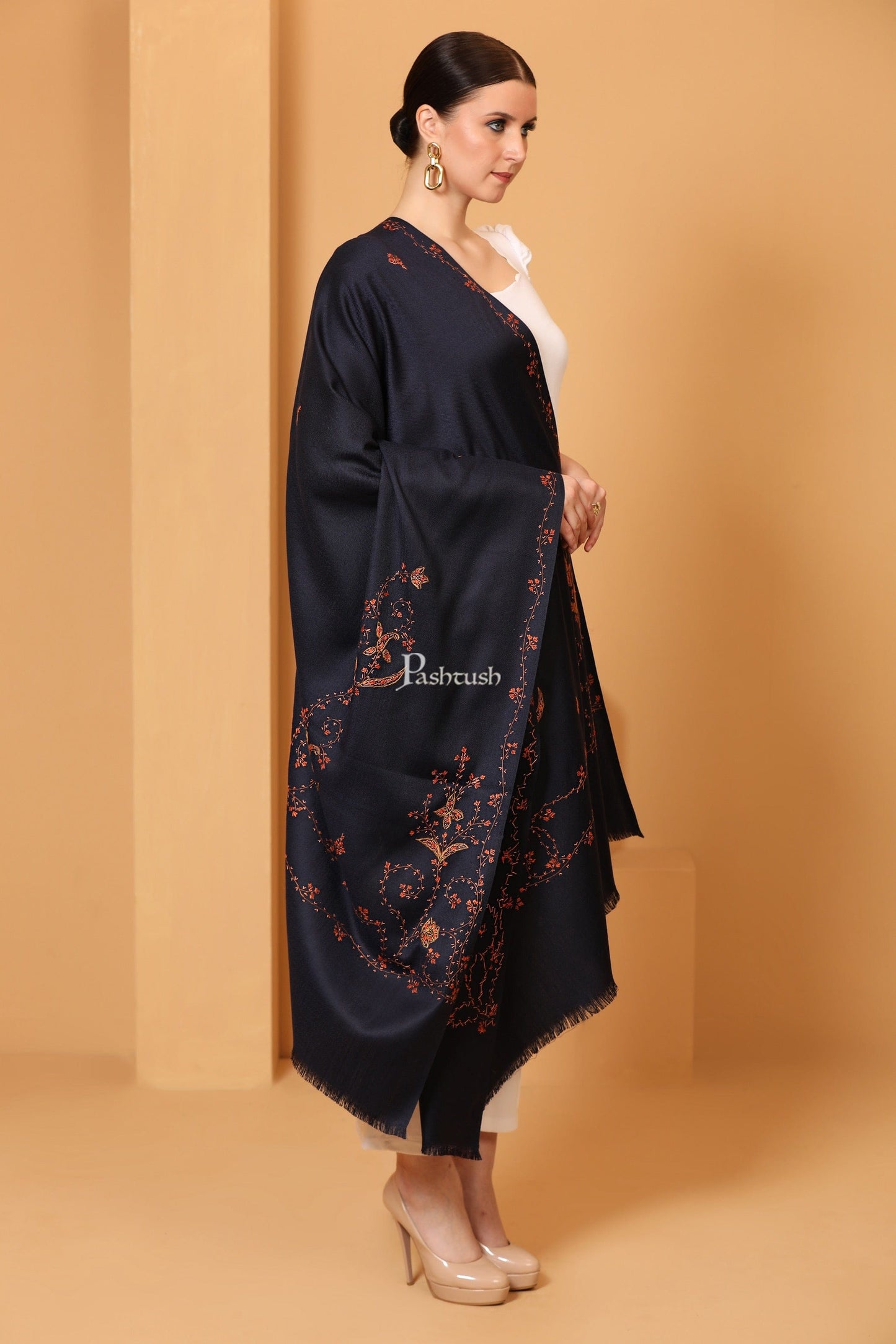 Pashtush India Womens Shawls Pashtush Womens Kashmiri Hand Embroidery Shawl, Woollen, Navy Blue