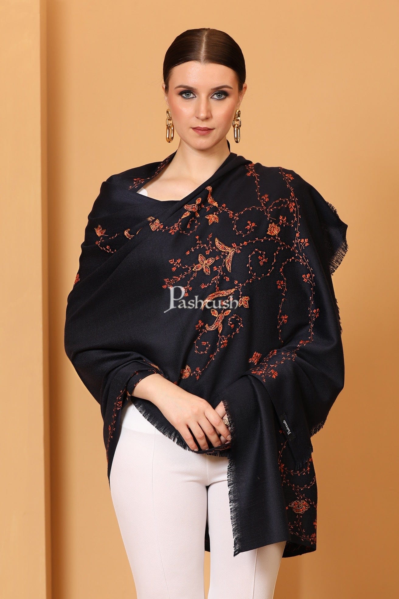 Pashtush India Womens Shawls Pashtush Womens Kashmiri Hand Embroidery Shawl, Woollen, Navy Blue