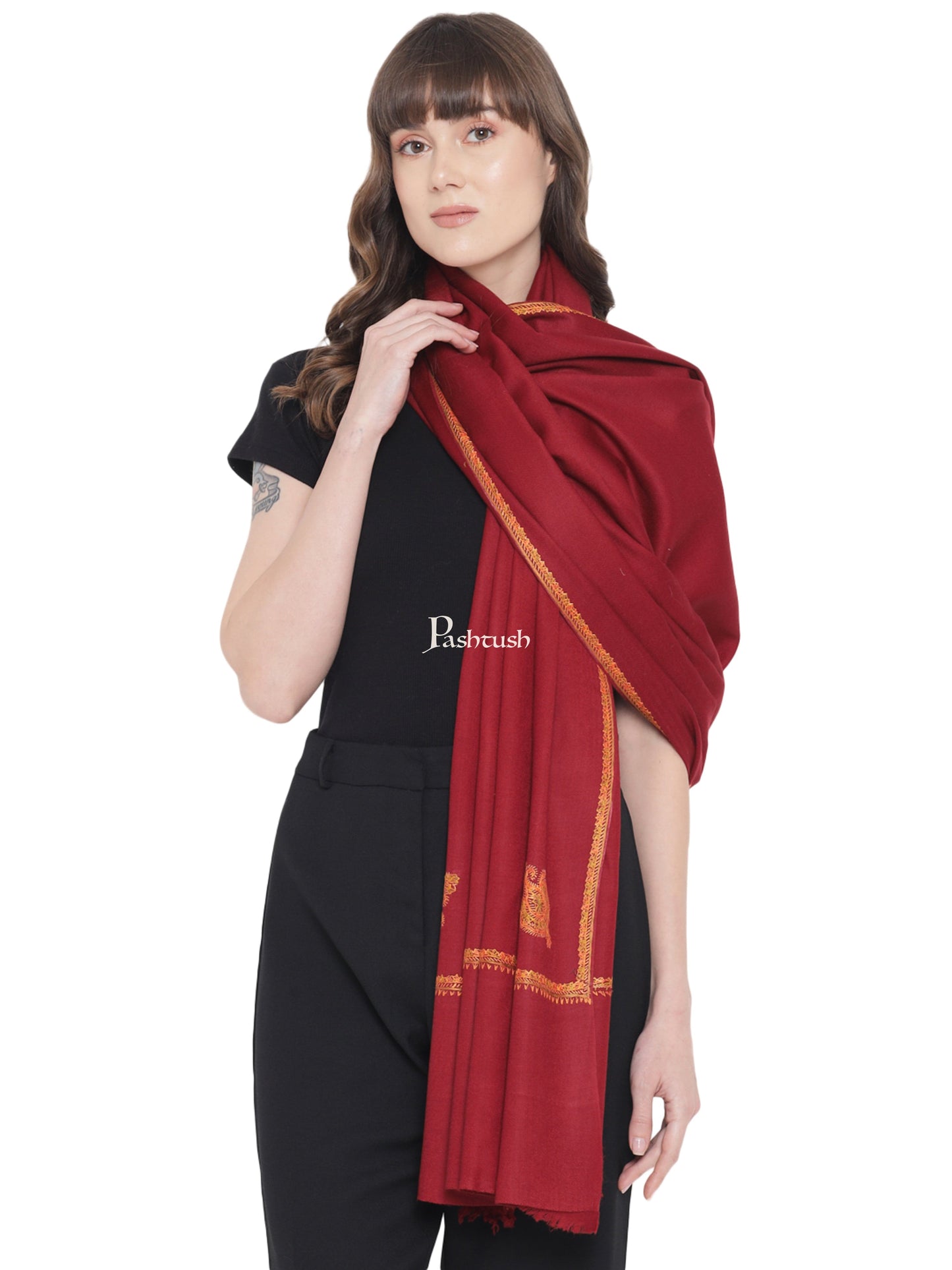 Pashtush India Womens Shawls Pashtush Womens Kashmiri Hand Embroidery Sozni Shawl, Woollen, Soft and Warm, Kingri, Maroon