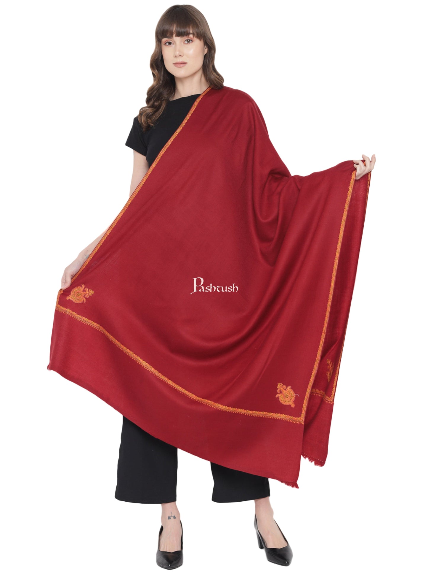 Pashtush India Womens Shawls Pashtush Womens Kashmiri Hand Embroidery Sozni Shawl, Woollen, Soft and Warm, Kingri, Maroon