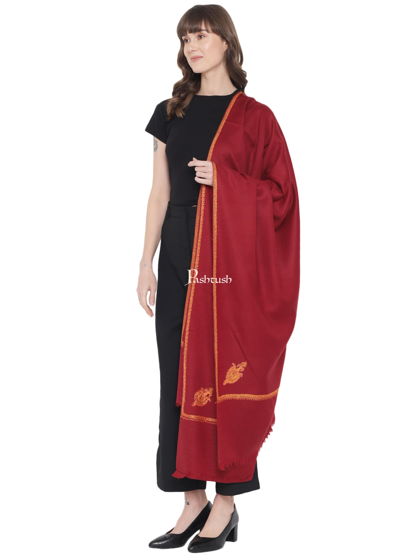 Pashtush India Womens Shawls Pashtush Womens Kashmiri Hand Embroidery Sozni Shawl, Woollen, Soft and Warm, Kingri, Maroon