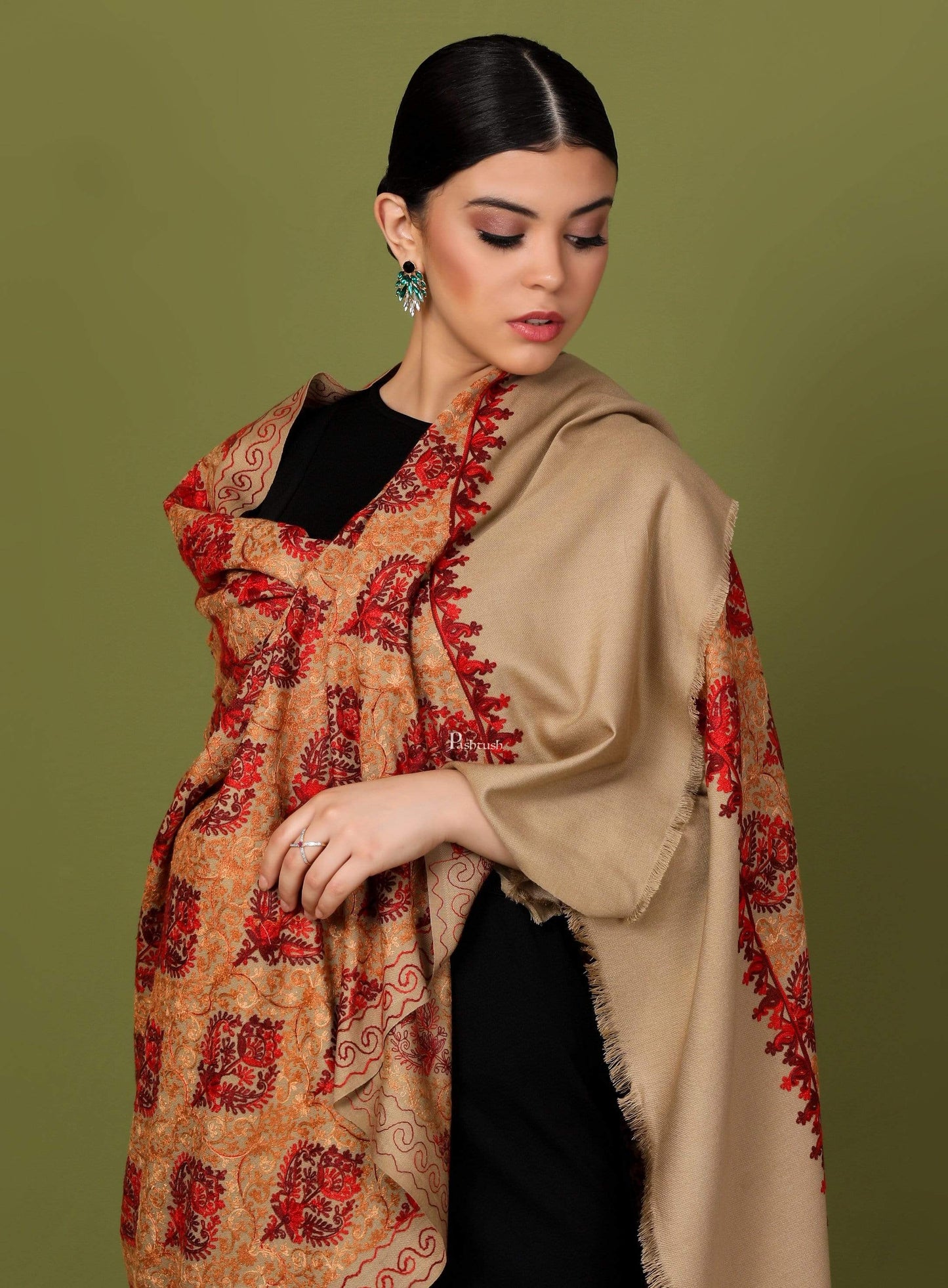 Pashtush Store Shawl Pashtush Womens Kashmiri Shawl, Aari Embroidery, Beige
