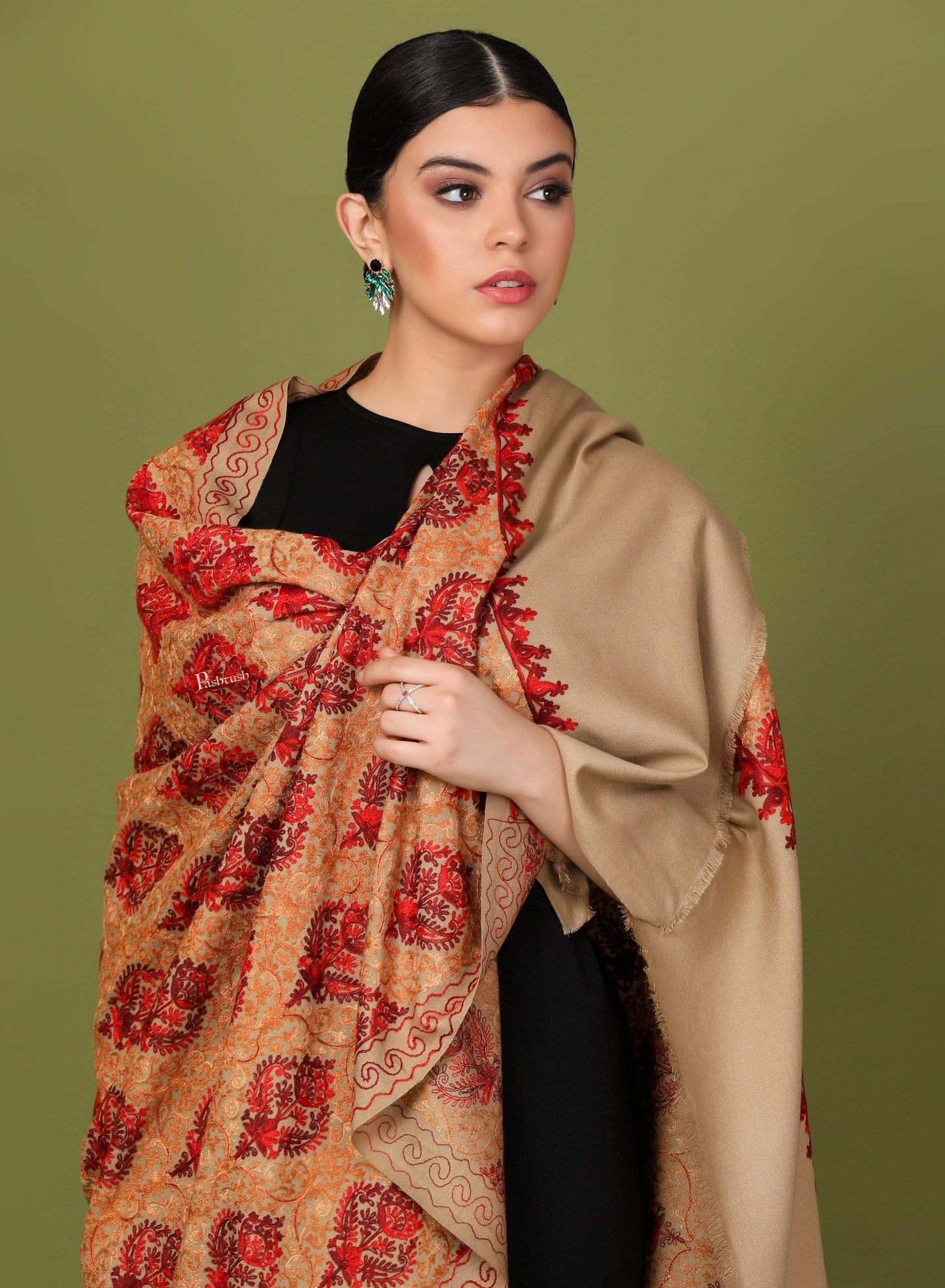 Pashtush Store Shawl Pashtush Womens Kashmiri Shawl, Aari Embroidery, Beige