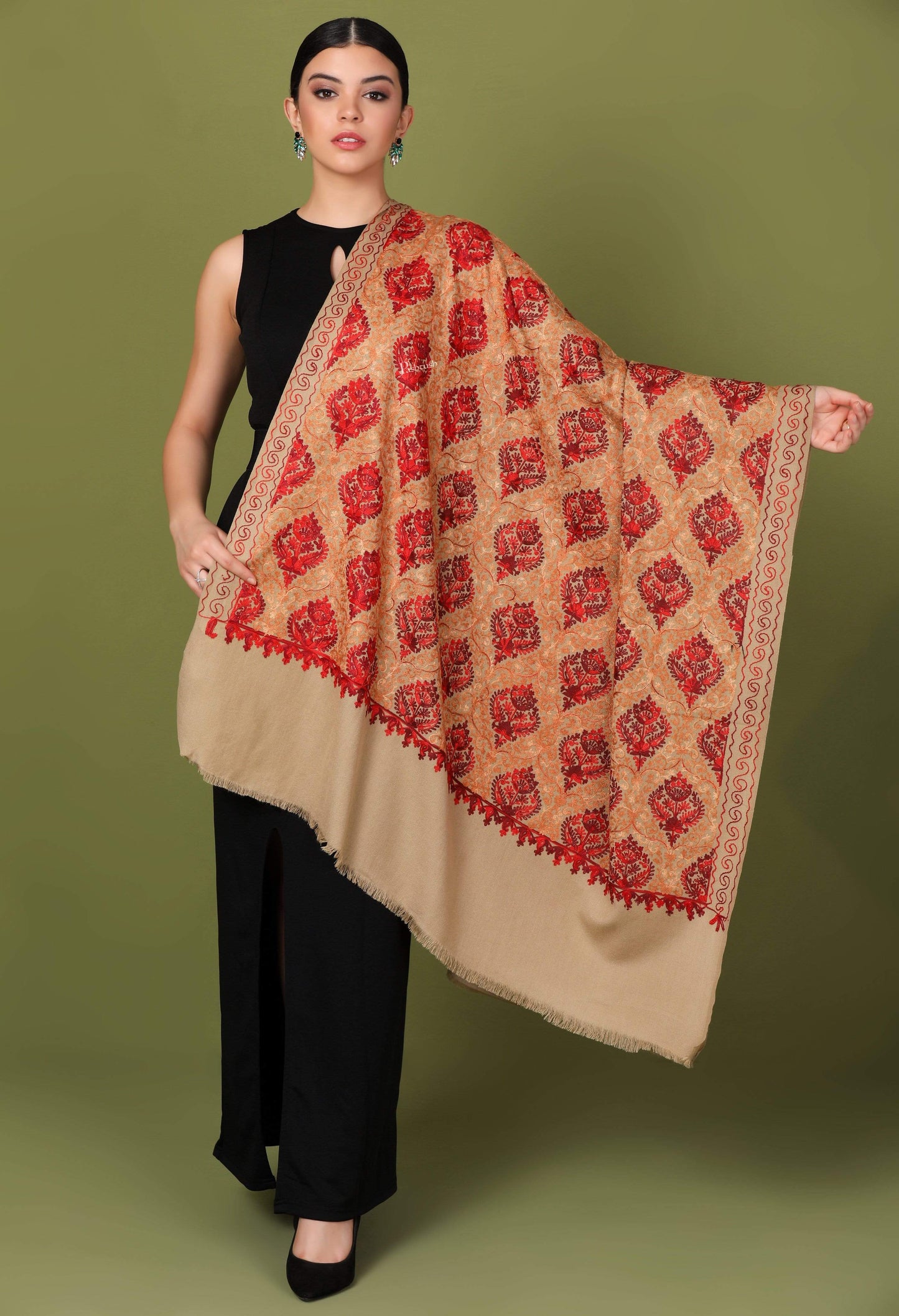 Pashtush Store Shawl Pashtush Womens Kashmiri Shawl, Aari Embroidery, Beige