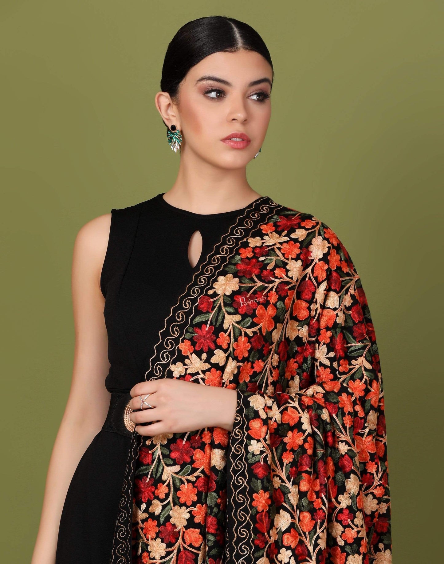 Pashtush India 100x200 Pashtush Womens Kashmiri Shawl, Aari Embroidery, Black