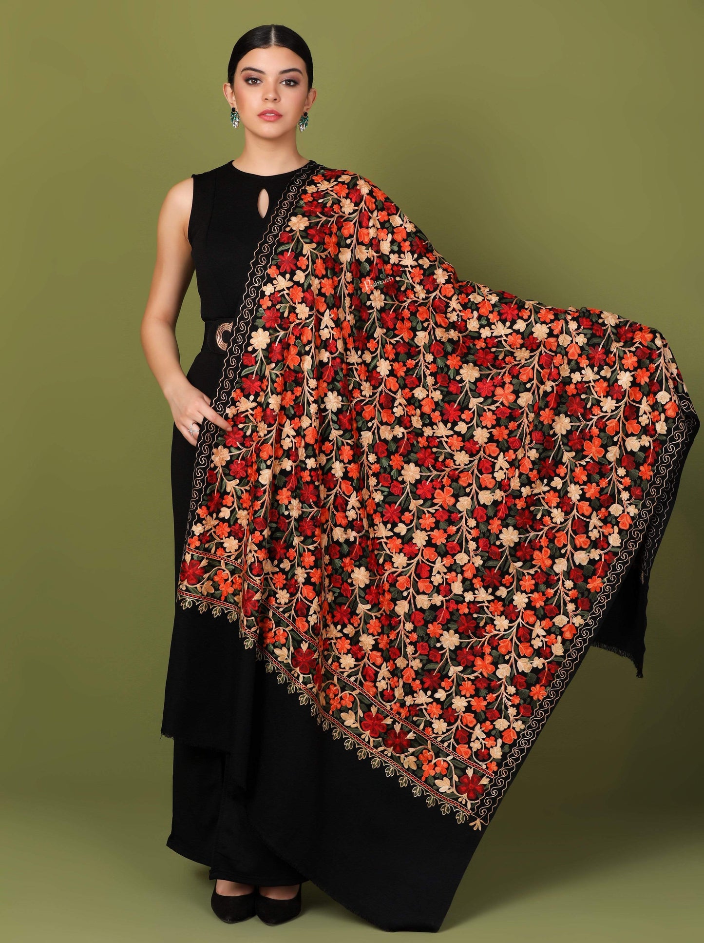 Pashtush India 100x200 Pashtush Womens Kashmiri Shawl, Aari Embroidery, Black