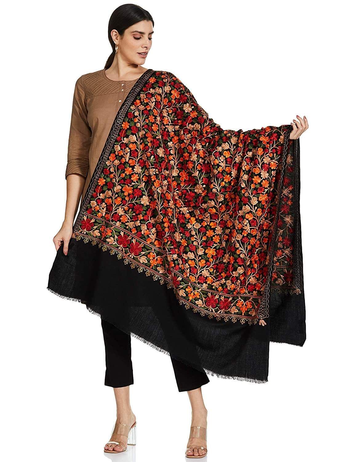 Pashtush India 100x200 Pashtush Womens Kashmiri Shawl, Aari Embroidery, Black