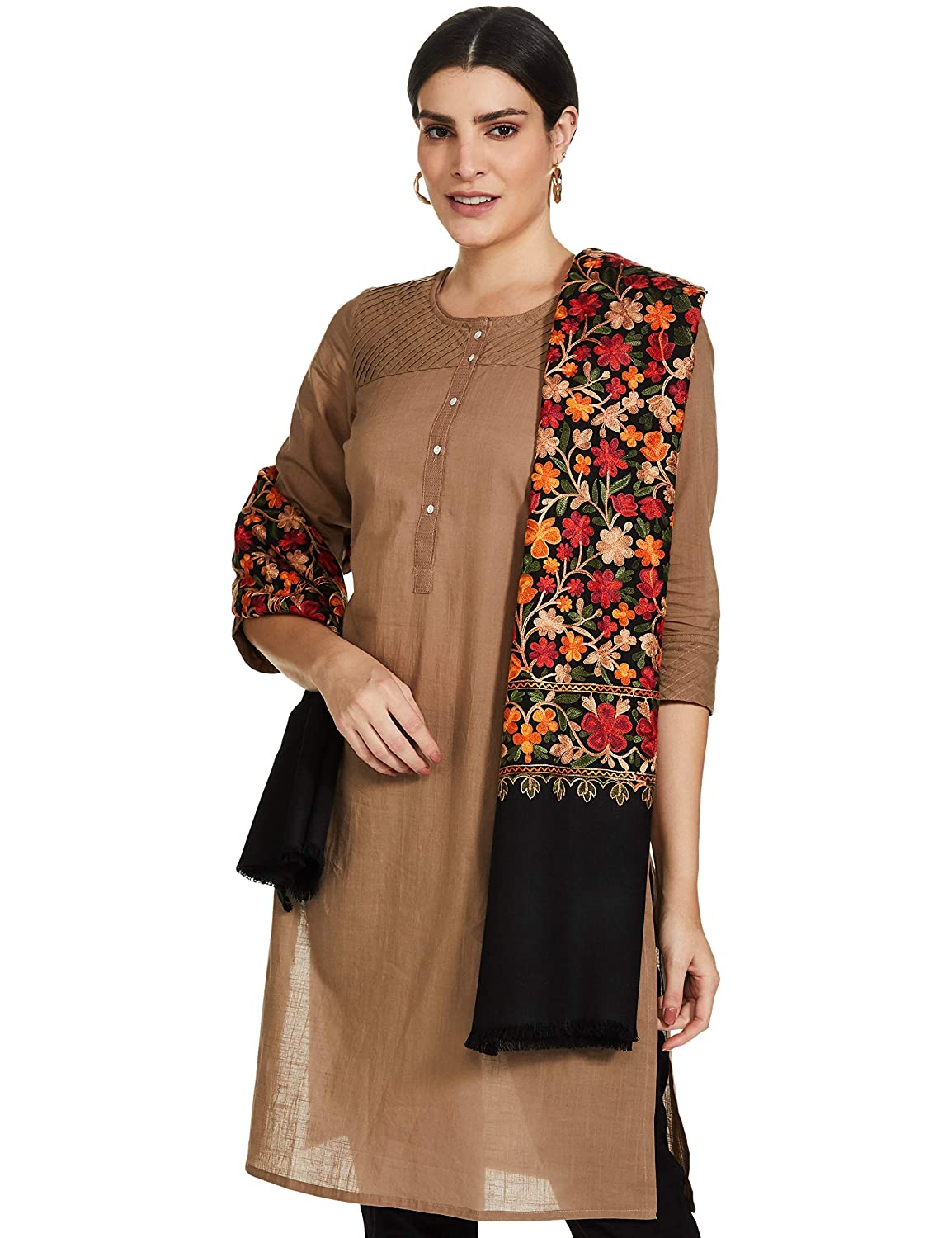 Pashtush India 100x200 Pashtush Womens Kashmiri Shawl, Aari Embroidery, Black
