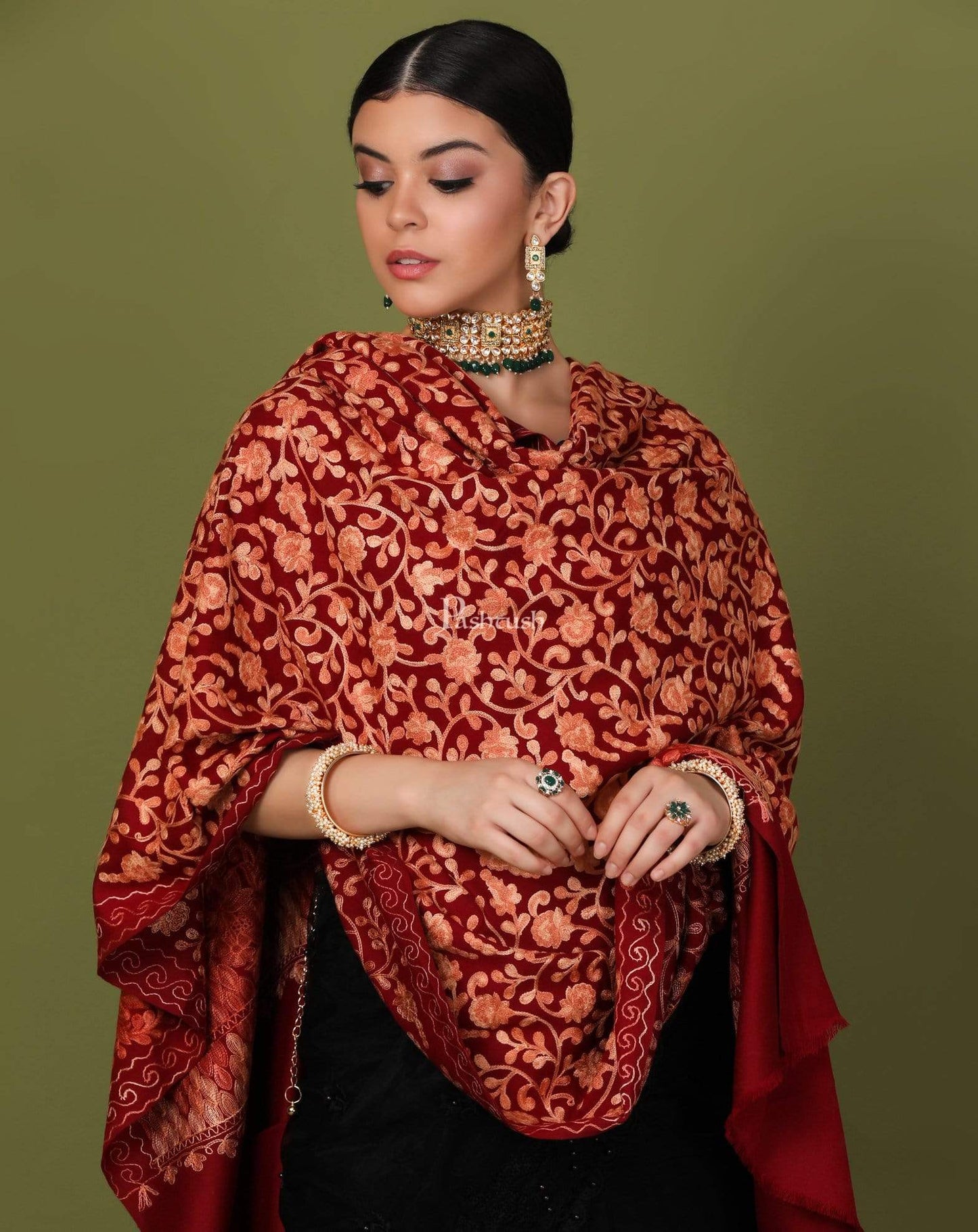 Pashtush Store Shawl Pashtush Womens Kashmiri Shawl, Aari Embroidery, Maroon