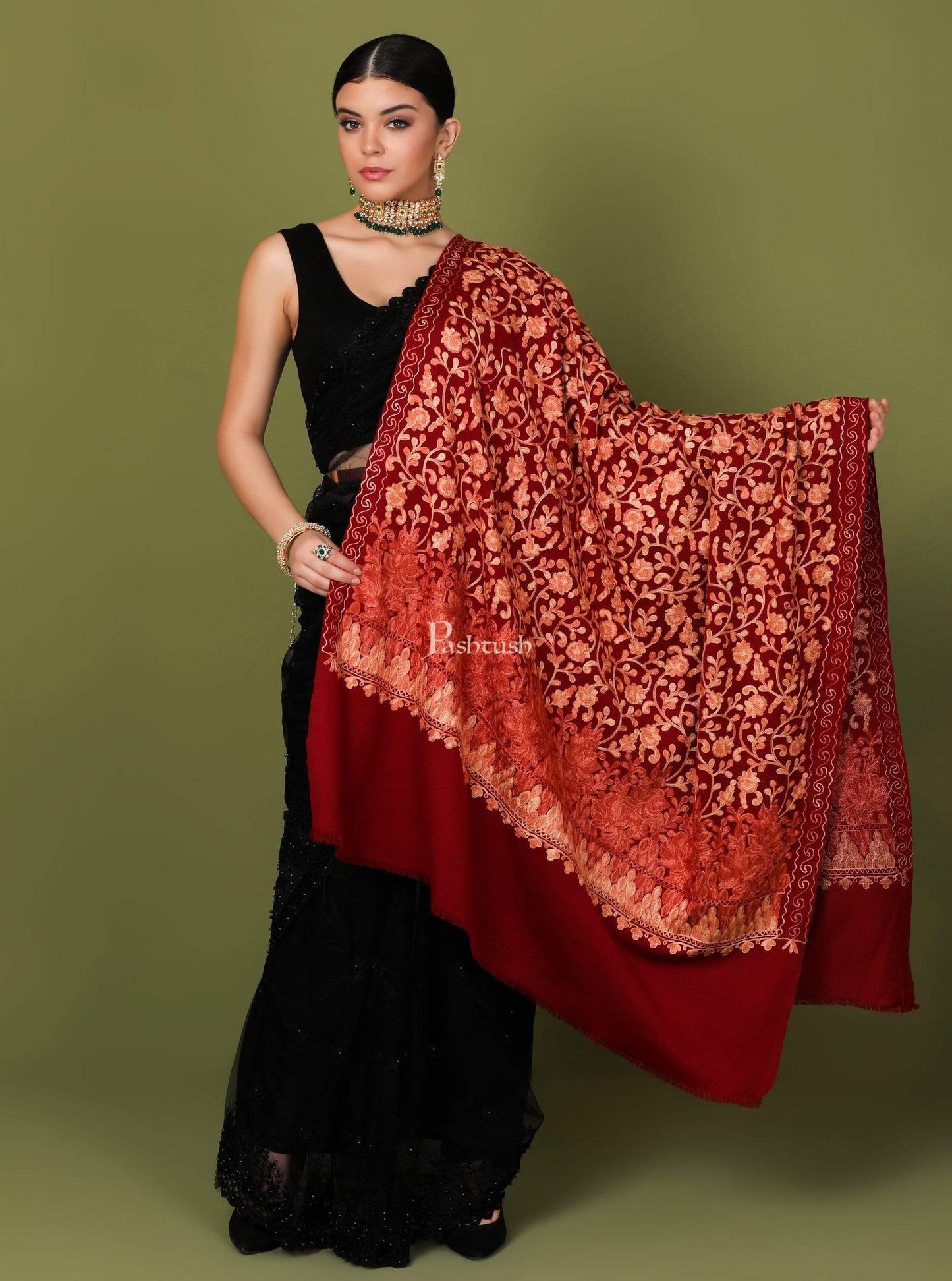 Pashtush Store Shawl Pashtush Womens Kashmiri Shawl, Aari Embroidery, Maroon