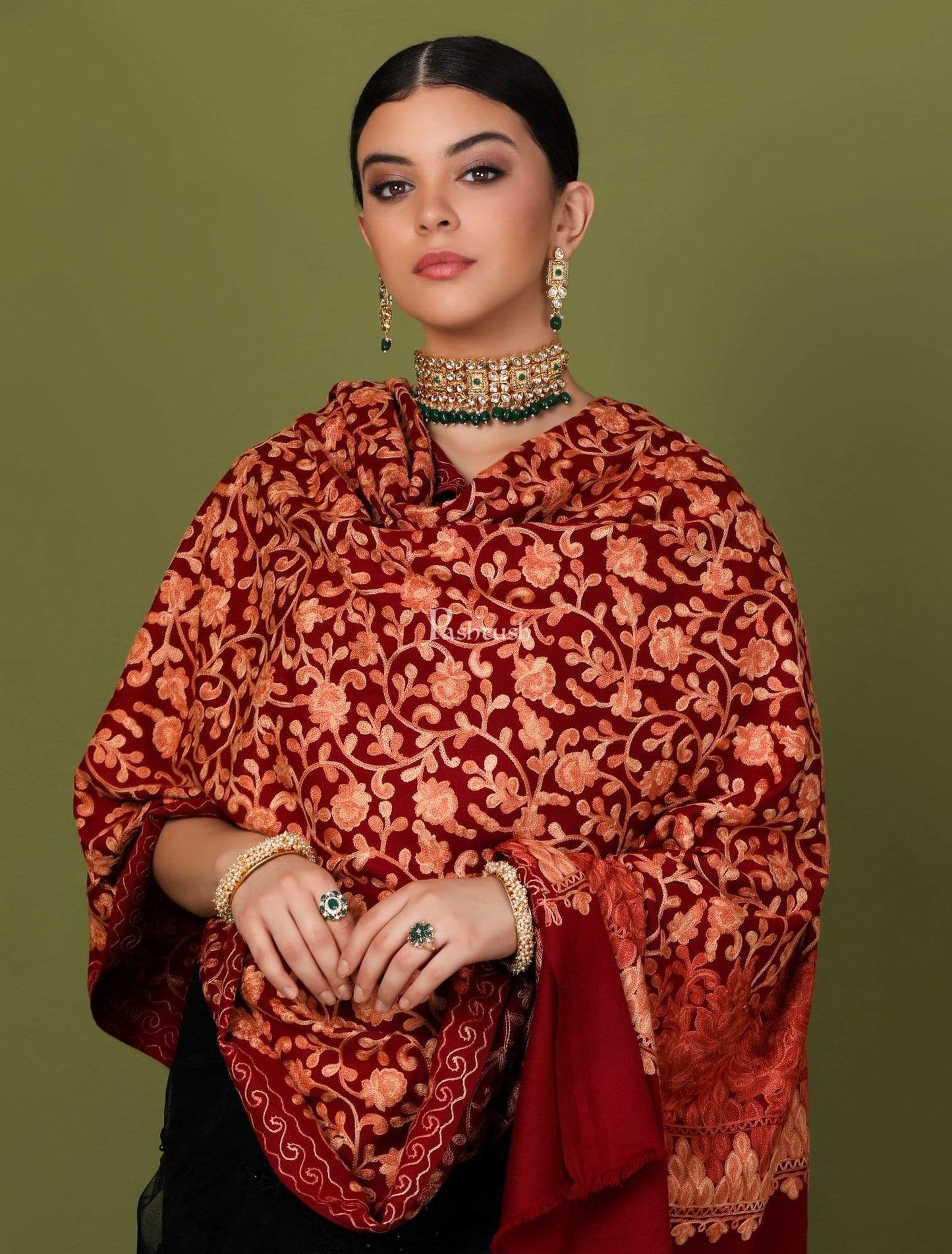 Pashtush Store Shawl Pashtush Womens Kashmiri Shawl, Aari Embroidery, Maroon