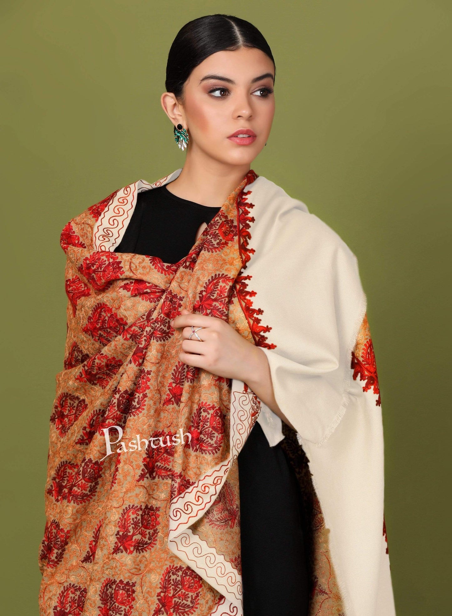 Pashtush Store Shawl Pashtush Womens Kashmiri Shawl, Aari Embroidery, White