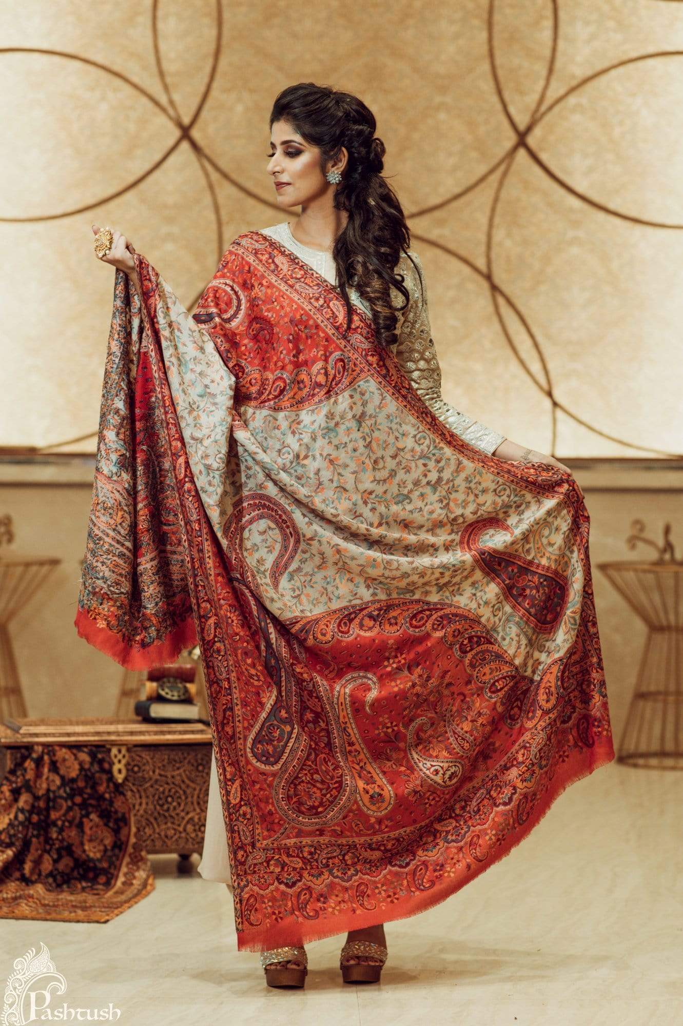 Pashtush Store Shawl Pashtush Womens Kashmiri Shawl,"Rich Garden Aesthic" Design, Inspired by Vintage Jamawar Shawls, Faux Pashmina Shawls, Soft and Warm