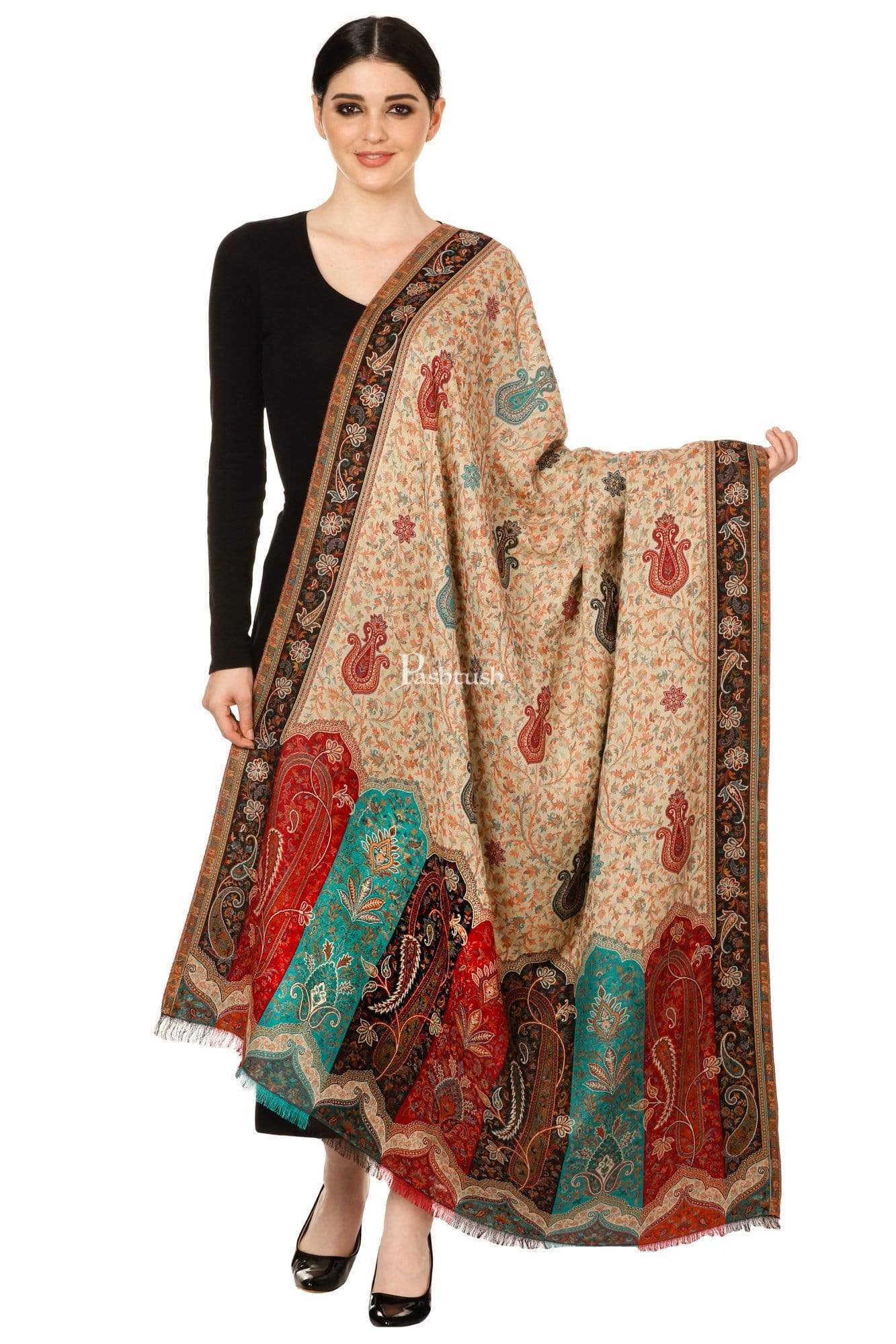 Pashtush India 100x200 Pashtush Womens Kashmiri Shawl "Rich Garden Aesthic", Vintage Shawl Collection, Faux Pashmina