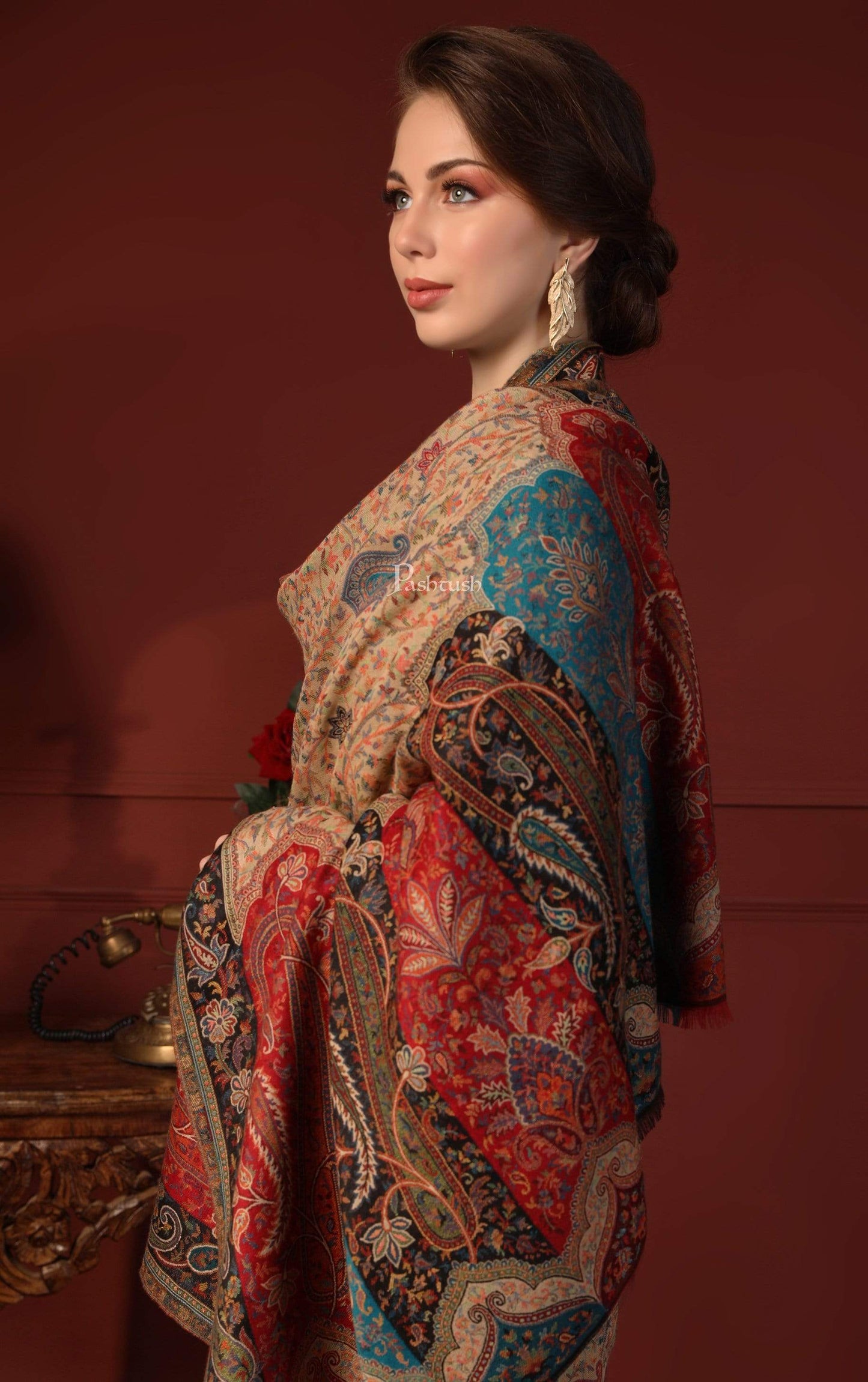 Pashtush India 100x200 Pashtush Womens Kashmiri Shawl Rich Garden Aesthic, Vintage Shawl Collection, Faux Pashmina