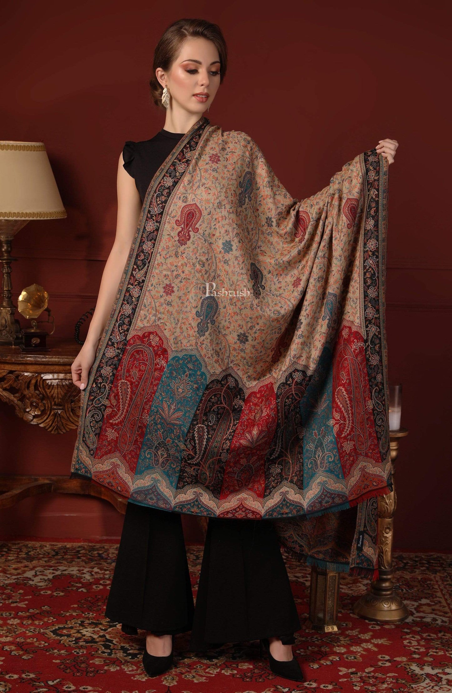 Pashtush India 100x200 Pashtush Womens Kashmiri Shawl Rich Garden Aesthic, Vintage Shawl Collection, Faux Pashmina