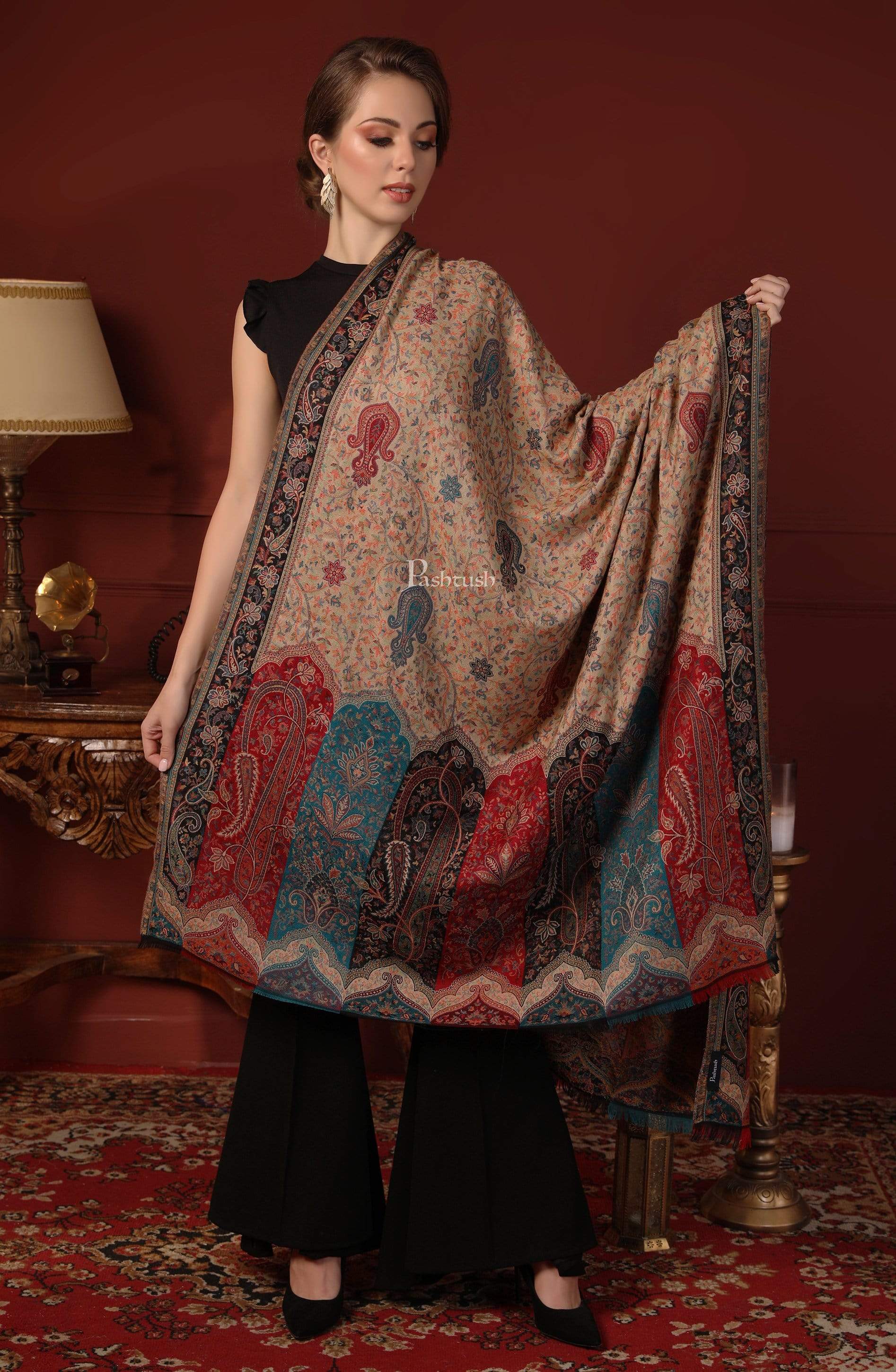 Pashtush India 100x200 Pashtush Womens Kashmiri Shawl Rich Garden Aesthic, Vintage Shawl Collection, Faux Pashmina