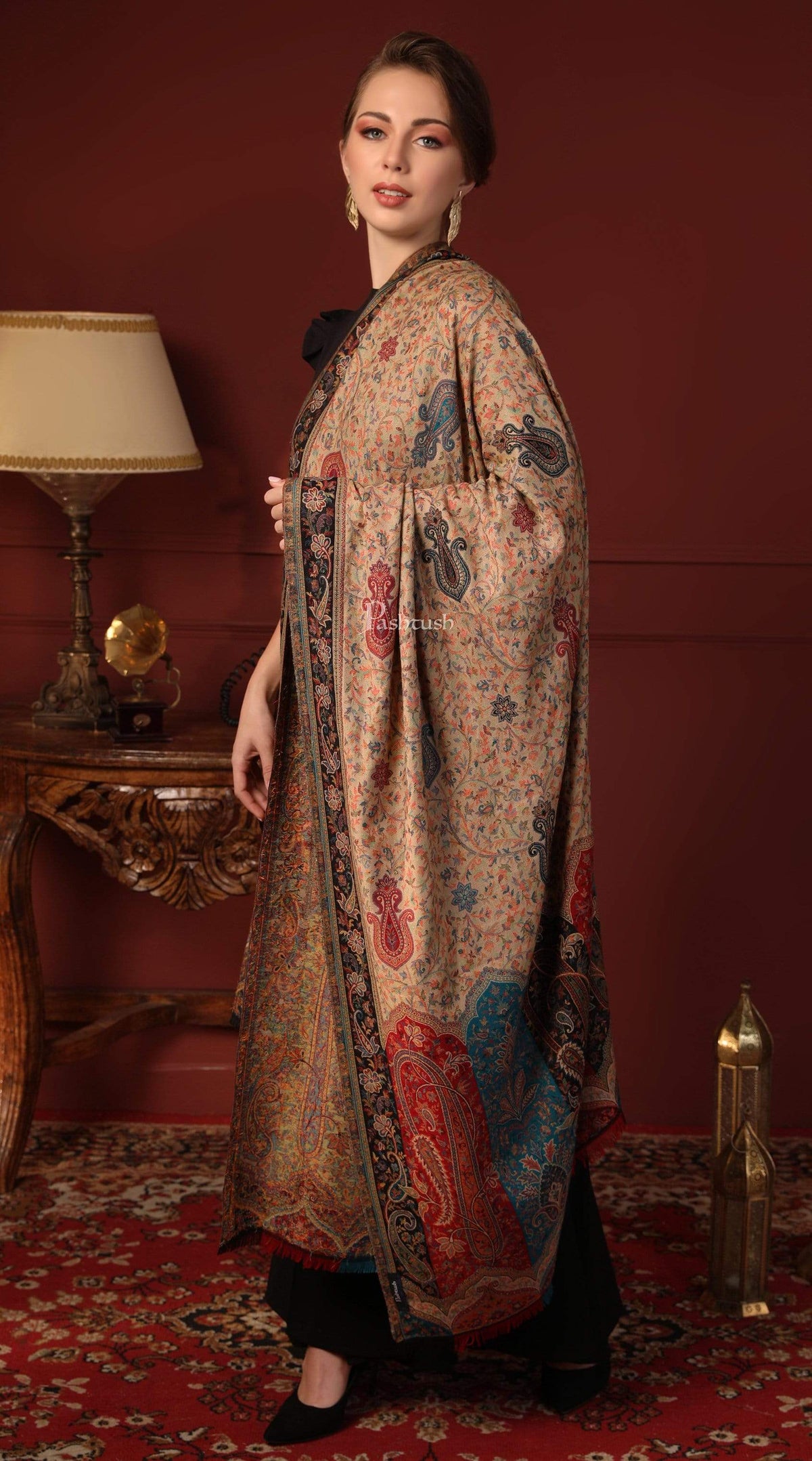 Pashtush India 100x200 Pashtush Womens Kashmiri Shawl Rich Garden Aesthic, Vintage Shawl Collection, Faux Pashmina