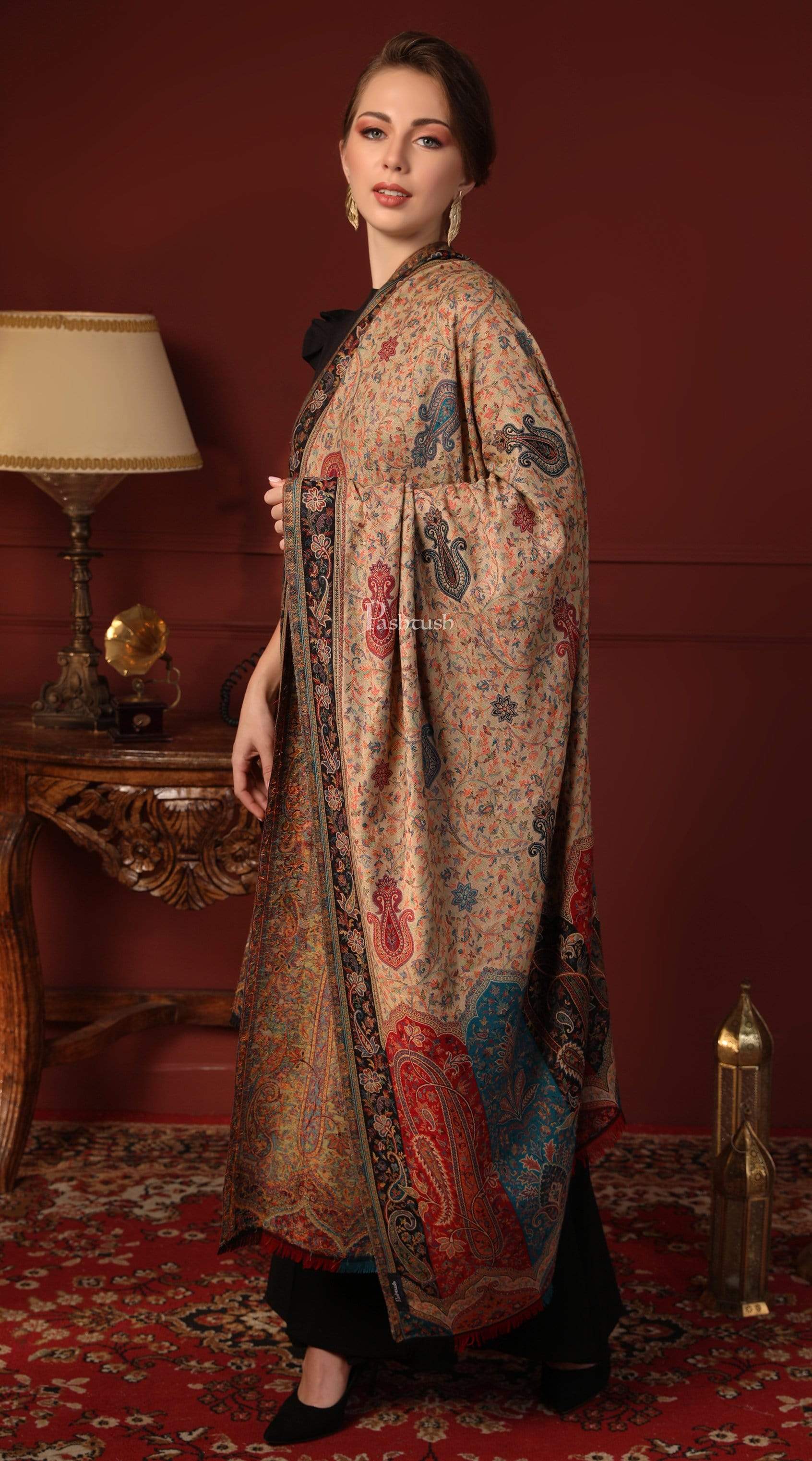 Pashtush India 100x200 Pashtush Womens Kashmiri Shawl Rich Garden Aesthic, Vintage Shawl Collection, Faux Pashmina