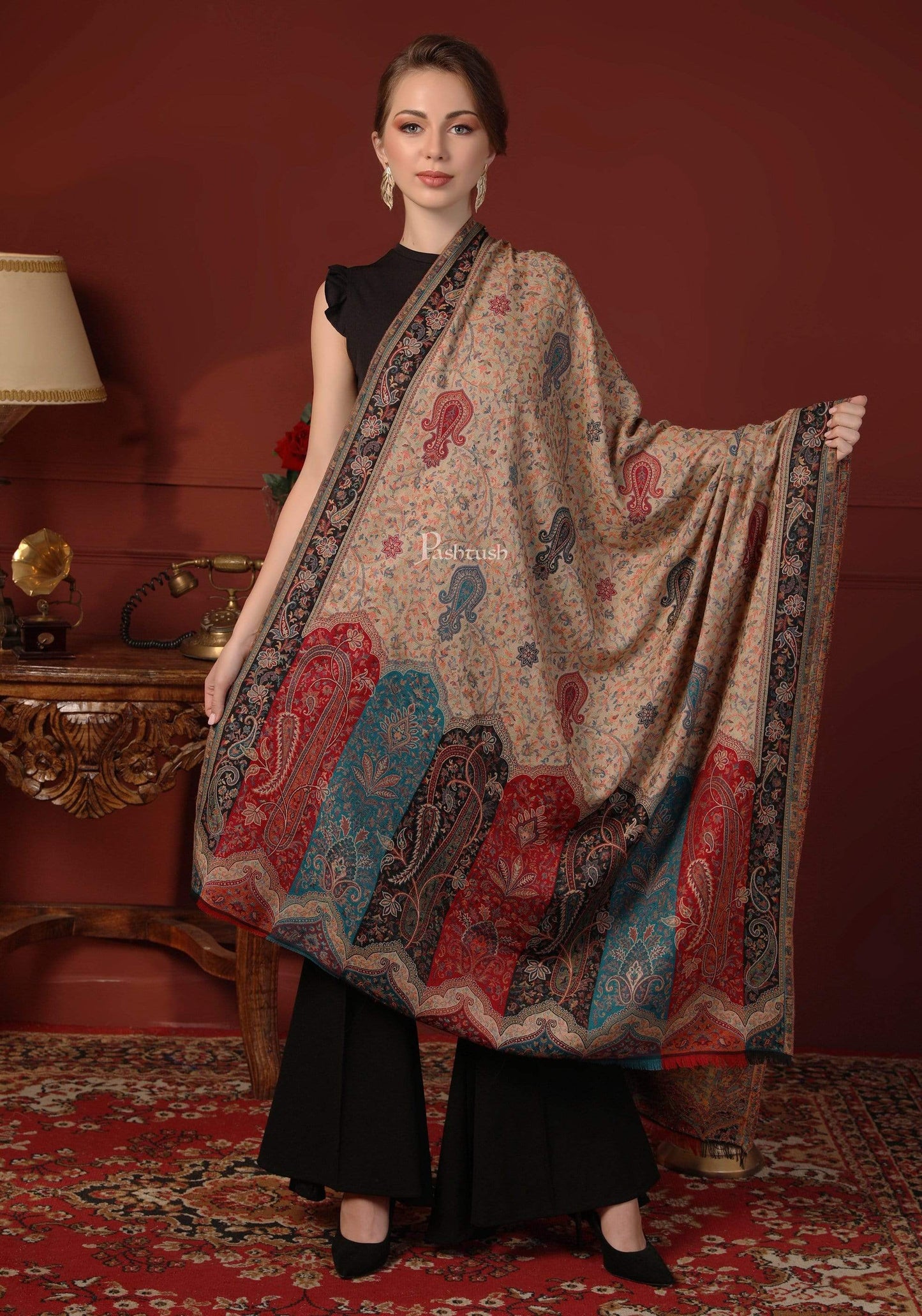 Pashtush India 100x200 Pashtush Womens Kashmiri Shawl Rich Garden Aesthic, Vintage Shawl Collection, Faux Pashmina