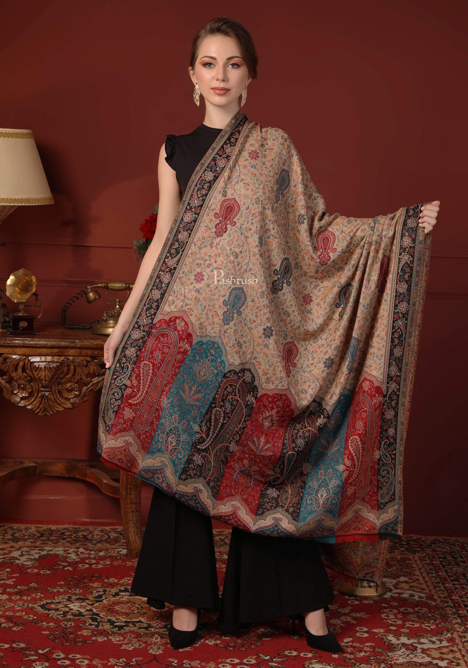 Pashtush India 100x200 Pashtush Womens Kashmiri Shawl Rich Garden Aesthic, Vintage Shawl Collection, Faux Pashmina