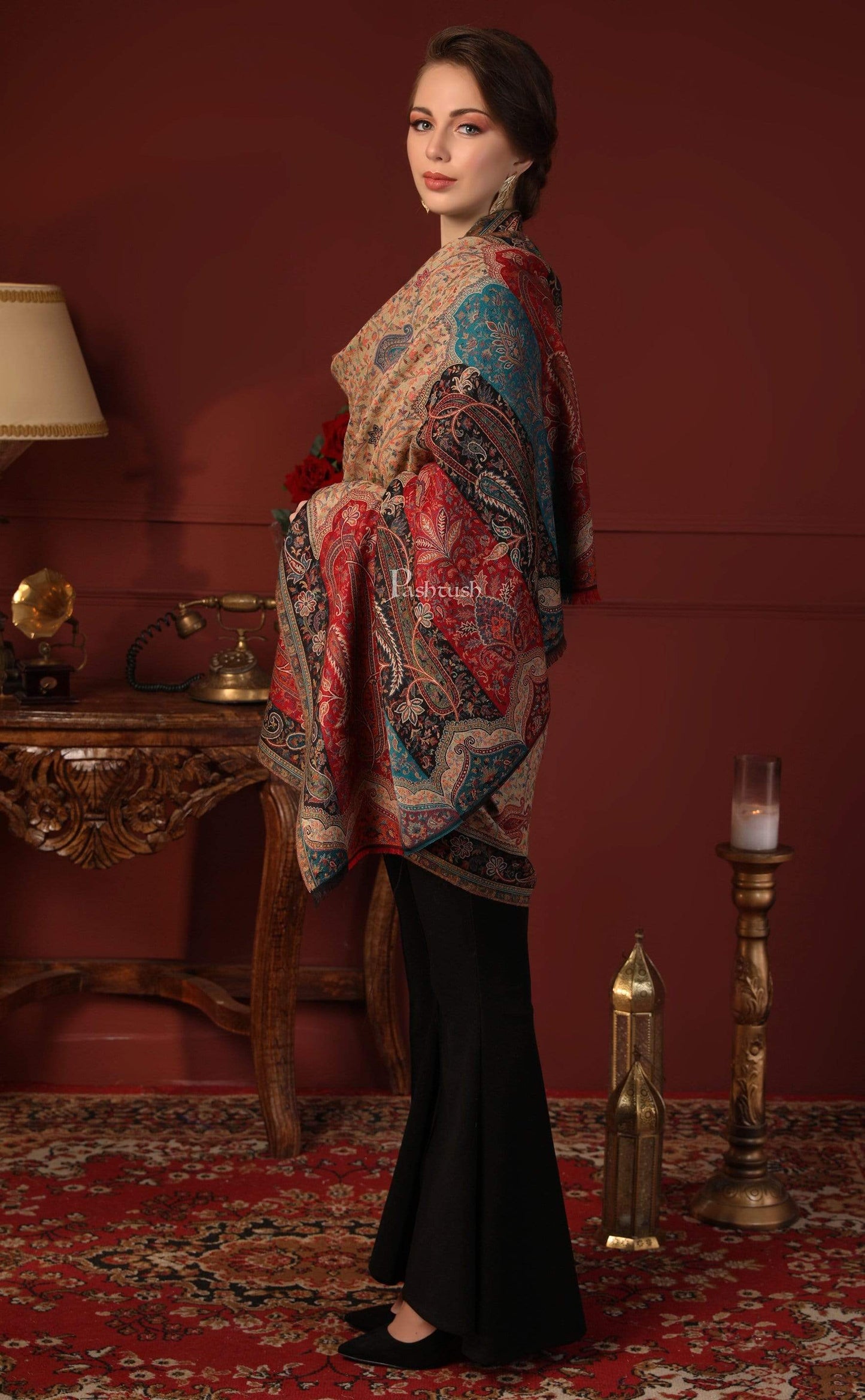 Pashtush India 100x200 Pashtush Womens Kashmiri Shawl Rich Garden Aesthic, Vintage Shawl Collection, Faux Pashmina