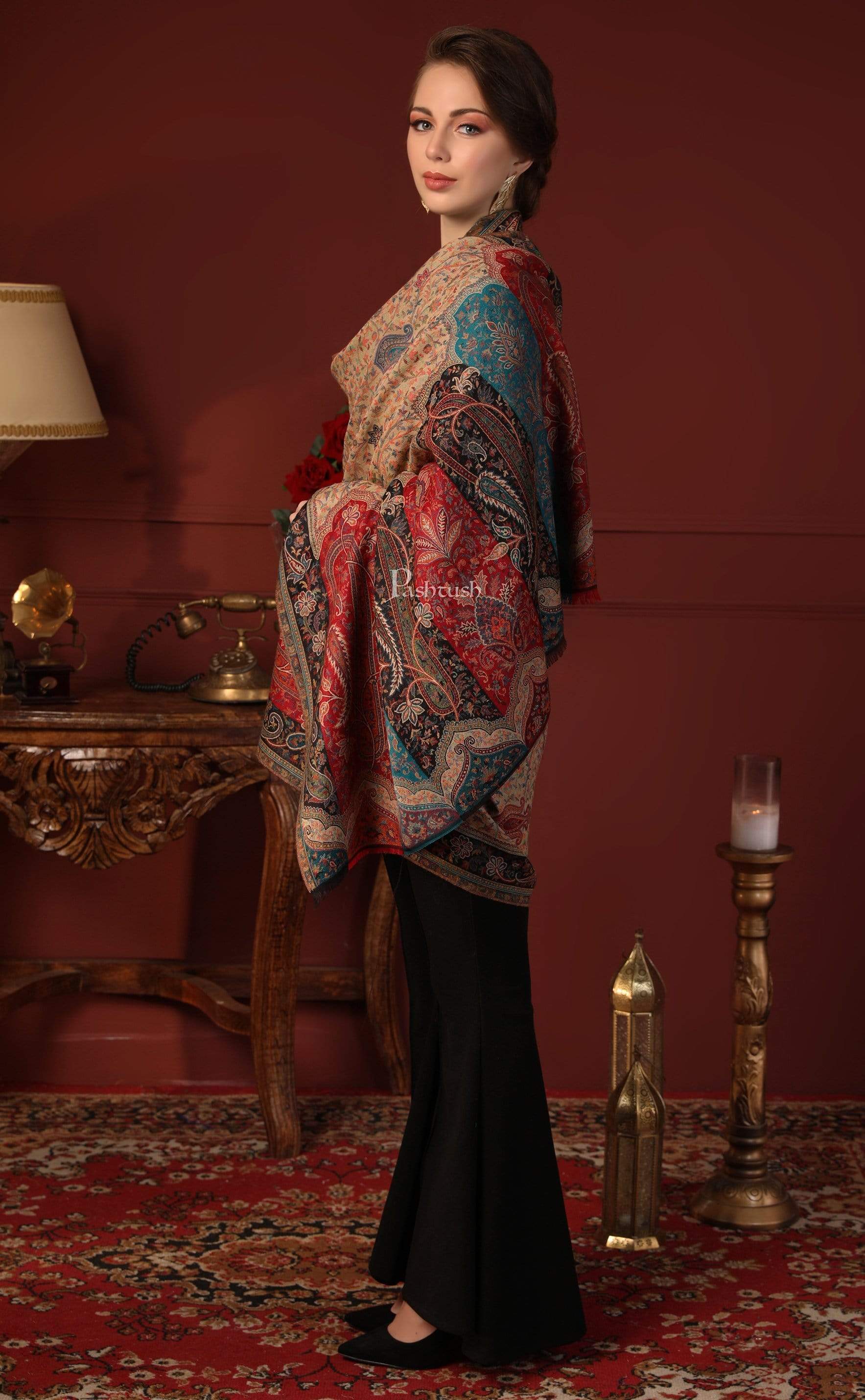 Pashtush India 100x200 Pashtush Womens Kashmiri Shawl Rich Garden Aesthic, Vintage Shawl Collection, Faux Pashmina