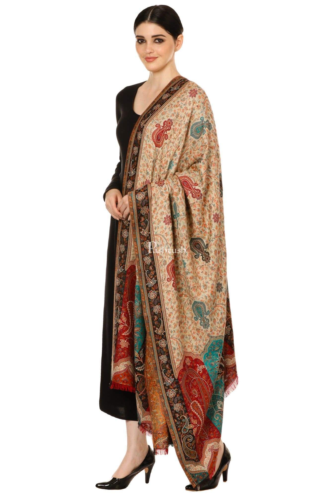Pashtush India 100x200 Pashtush Womens Kashmiri Shawl "Rich Garden Aesthic", Vintage Shawl Collection, Faux Pashmina