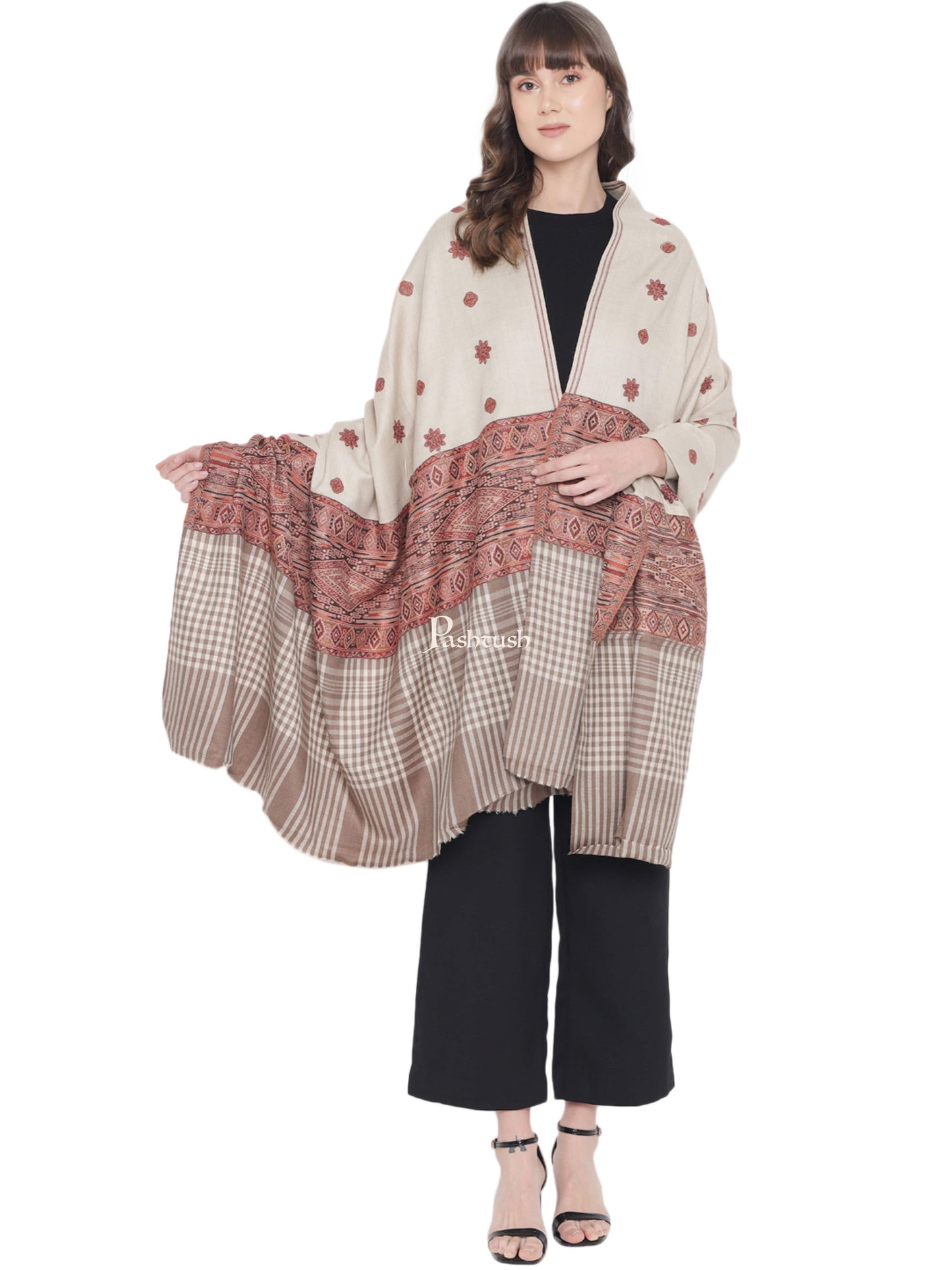 Pashtush India Womens Shawls Pashtush Womens Kashmiri Shawl, Woollen, Checkered Stitched Palla, Beige