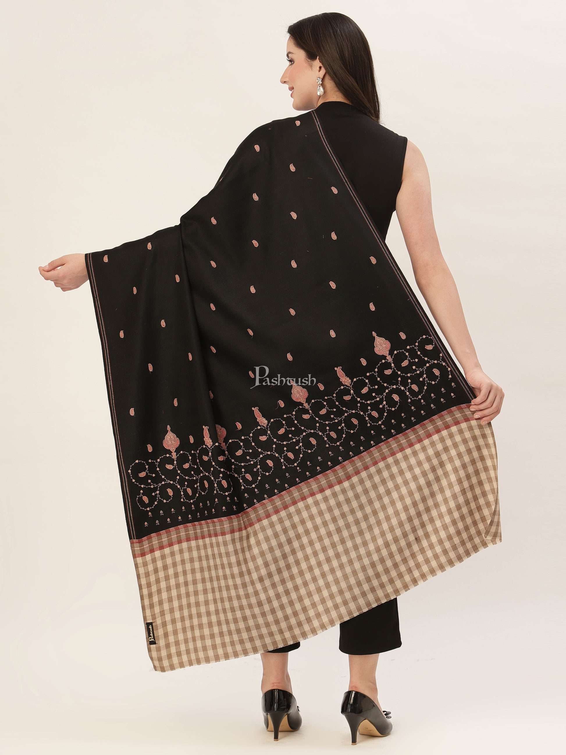 Pashtush India Womens Shawls Pashtush Womens Kashmiri Shawl, Woollen, Stitched Palla, Needlework, Embroidery Beige