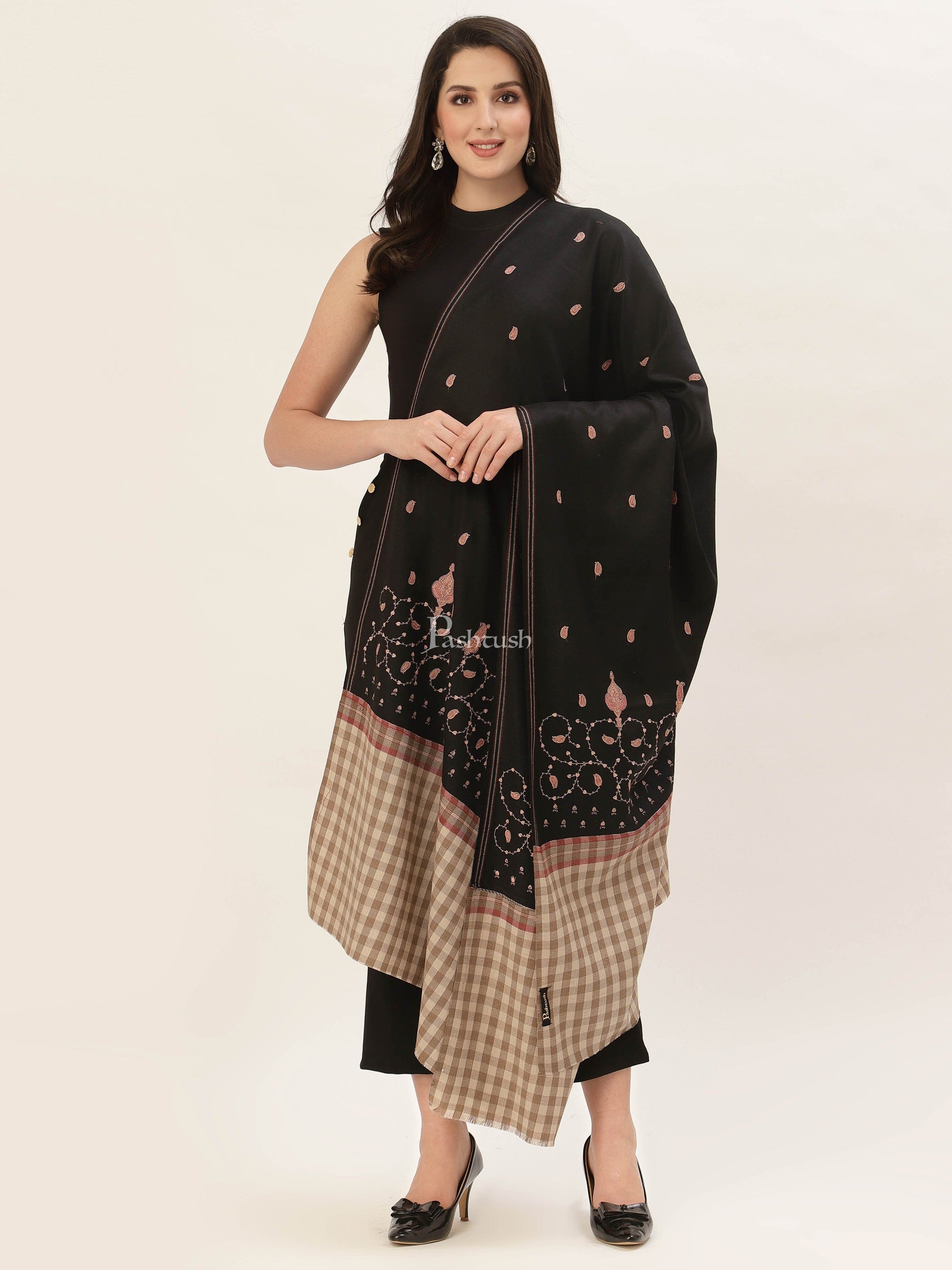 Pashtush India Womens Shawls Pashtush Womens Kashmiri Shawl, Woollen, Stitched Palla, Needlework, Embroidery Beige
