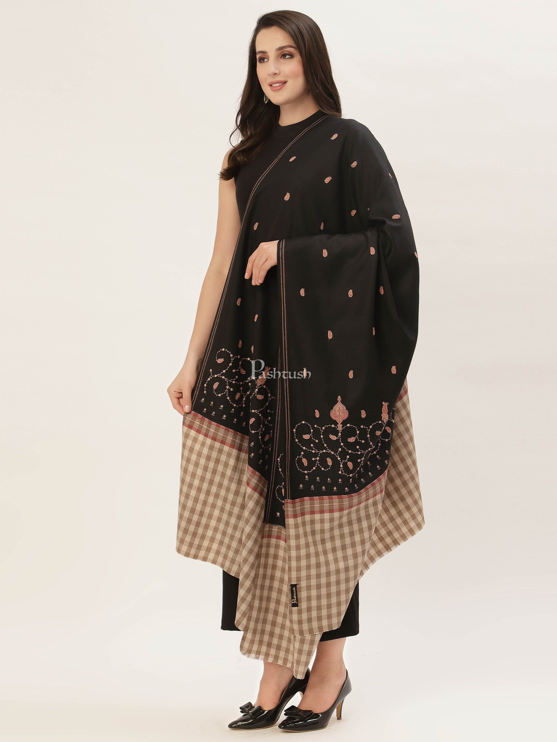 Pashtush India Womens Shawls Pashtush Womens Kashmiri Shawl, Woollen, Stitched Palla, Needlework, Embroidery Beige